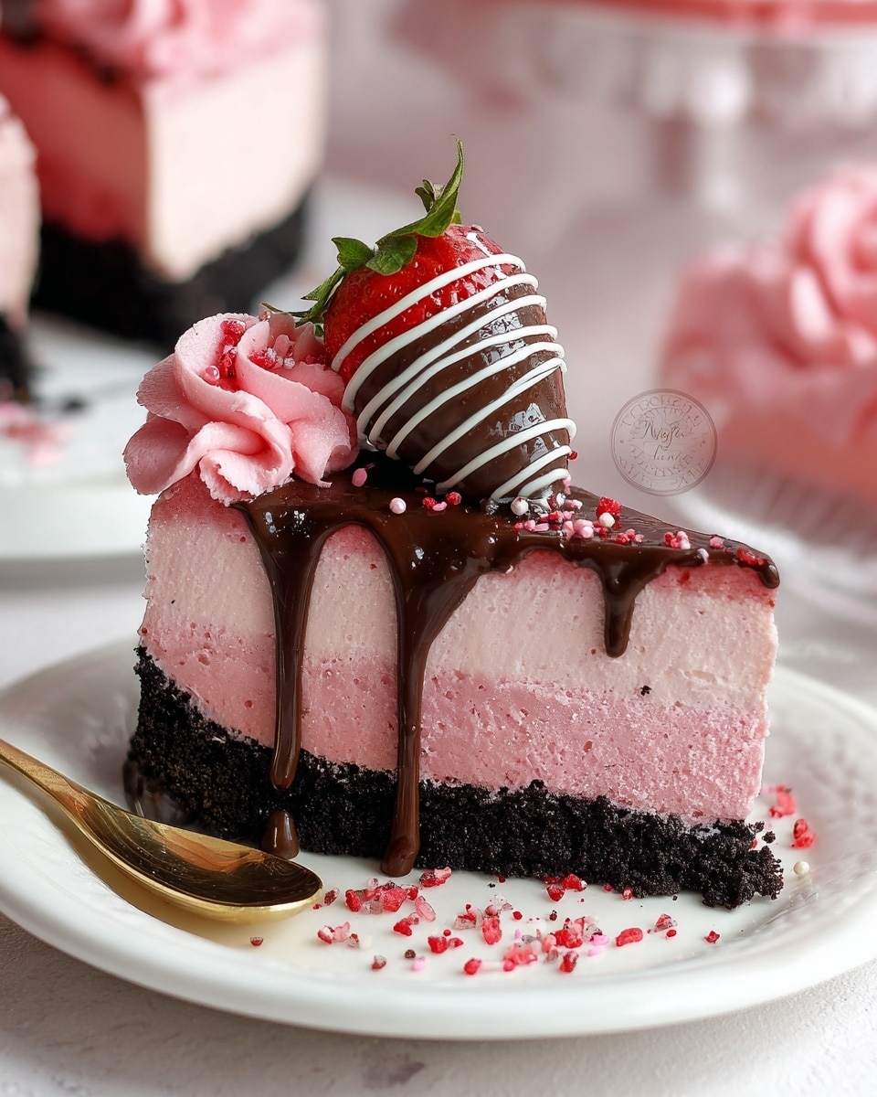 A slice of three-layer dessert sits on a white plate with a gold spoon. The bottom layer is dark and crumbly, almost black in color, forming the base. The middle layer is thick and creamy, light pink with a smooth texture. The top layer is a thin pink cream, edged with a light fluffy pink swirl. Dark chocolate sauce drips from the top, covering part of the slice and spilling onto the plate. A large strawberry dipped in chocolate with white stripes stands on top, nestled in more pink cream. Small red sprinkles are scattered around the slice and plate, with a white marbled texture under the plate. In the background, blurred pink whipped cream and another dessert can be seen. photo taken with an iphone --ar 4:5 --v 7