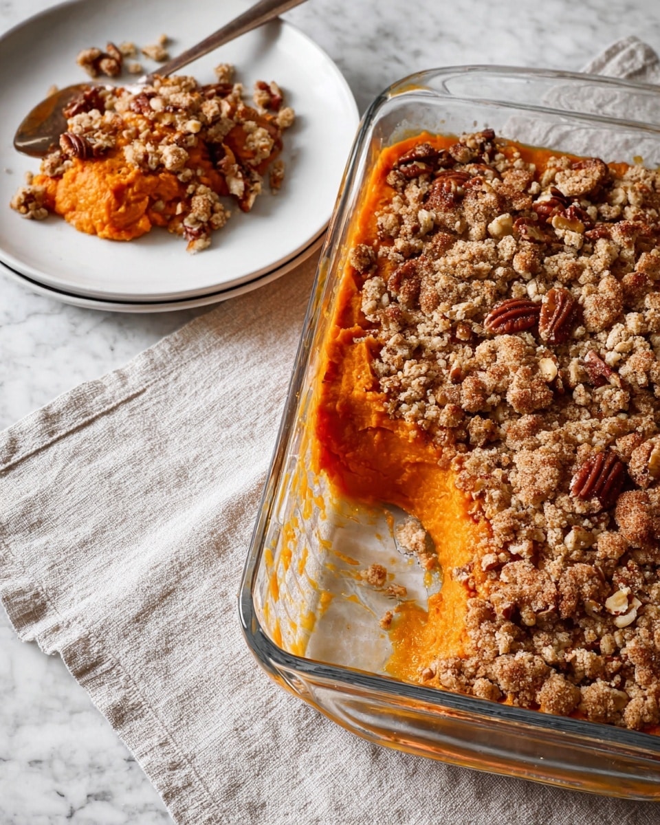 A rectangular glass dish filled with a layered sweet potato casserole, showing three distinct layers from the side: the bottom layer is bright orange sweet potato mash, the middle layer is darker brown bits likely mixed nuts or spices, and the top layer is a crumbly, light brown streusel topping with a coarse texture. The dish is placed on a white marbled surface, next to a silver spoon on the left and a white cloth with soft folds on the right. The photo is taken from above, highlighting the warm, homey colors and textures. Photo taken with an iphone --ar 4:5 --v 7