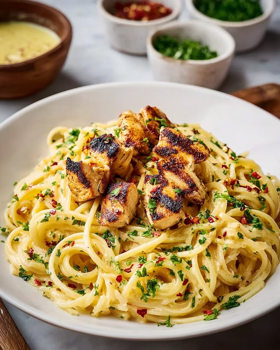 A white plate holds a neat pile of creamy spaghetti, light yellow in color with a smooth texture, twirled into soft loops. On top, several grilled chicken pieces with a golden-brown char and slightly blackened edges are scattered evenly. The dish is sprinkled with finely chopped green herbs and red chili flakes, adding small specks of green and red for color contrast. The background shows small white bowls with sauces and herbs on a white marbled surface. photo taken with an iphone --ar 4:5 --v 7