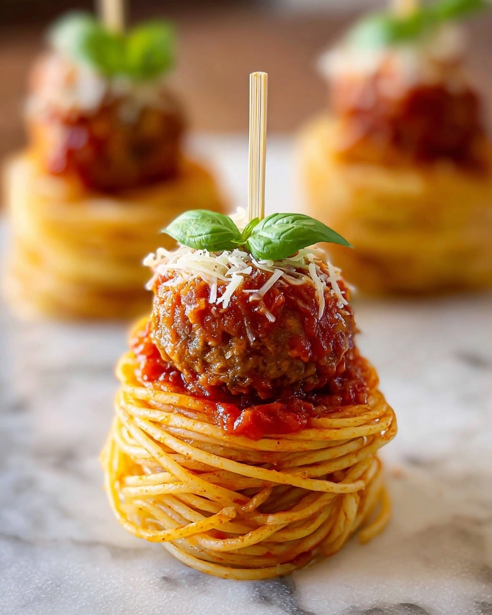 The image shows a small tower of spaghetti with three clear layers: the bottom layer is a tightly wrapped nest of cooked yellow spaghetti pasta with a glossy texture, coated lightly in red tomato sauce; the middle layer is a round, moist meatball covered well in chunky red tomato sauce, sitting neatly on top of the pasta; the top layer consists of a small pile of white grated cheese scattered over the meatball, finishing with two fresh green basil leaves skewered by a small wooden stick standing upright in the center. The towers are placed on a white marbled surface, and the focus is on the front tower with two blurred towers in the background. photo taken with an iphone --ar 4:5 --v 7