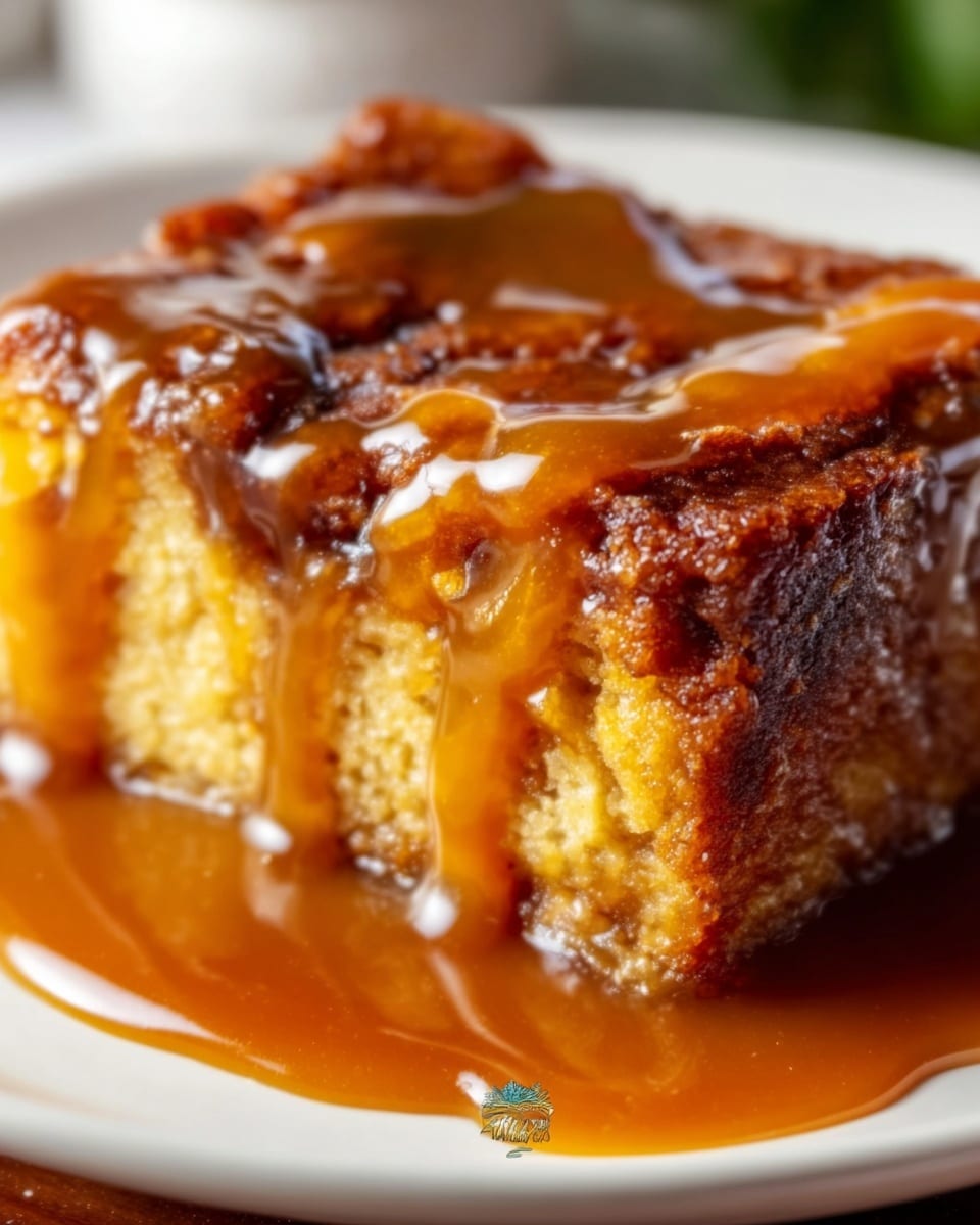 A close-up of a golden brown sticky toffee pudding square on a small white plate, covered in thick, shiny caramel sauce that drips over the edges. The pudding has a soft, moist texture with some darker, slightly crispy spots on top and edges. The white marbled surface beneath the plate adds a clean, bright contrast to the rich dessert. Photo taken with an iphone --ar 4:5 --v 7