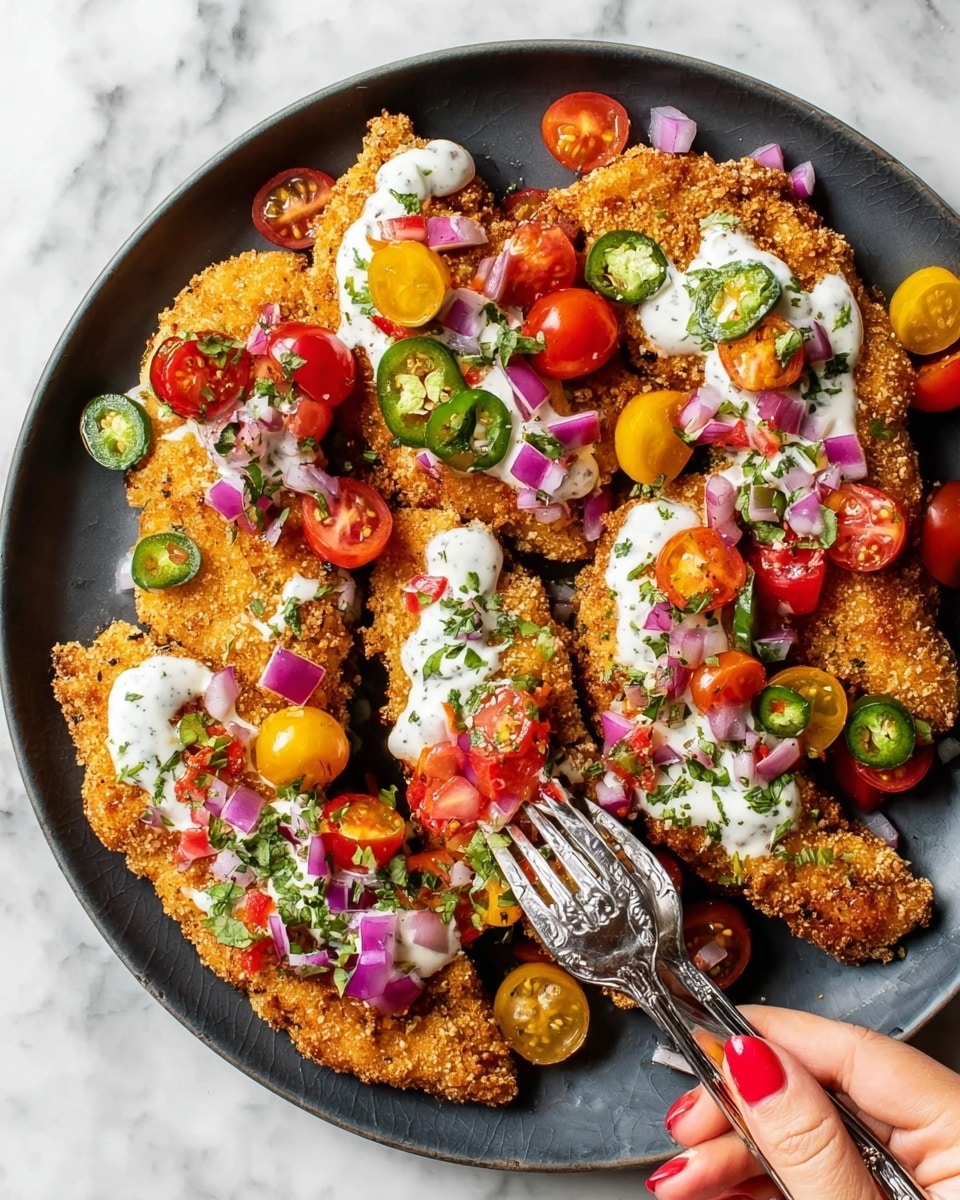 A white plate holds golden brown crispy fried chicken pieces arranged in layers. The chicken is topped with small red cherry tomato halves and white creamy sauce drizzled unevenly over the pieces. Around the chicken are scattered bright yellow grape tomatoes, sliced green jalapeños, and small pieces of chopped red onion. Fresh green chopped herbs are sprinkled across the entire dish and plate. To the side of the plate, there is a vintage silver spoon and fork. In the upper left corner, a white bowl contains sliced green jalapeños, and the whole scene is set on a white marbled surface. photo taken with an iphone --ar 4:5 --v 7