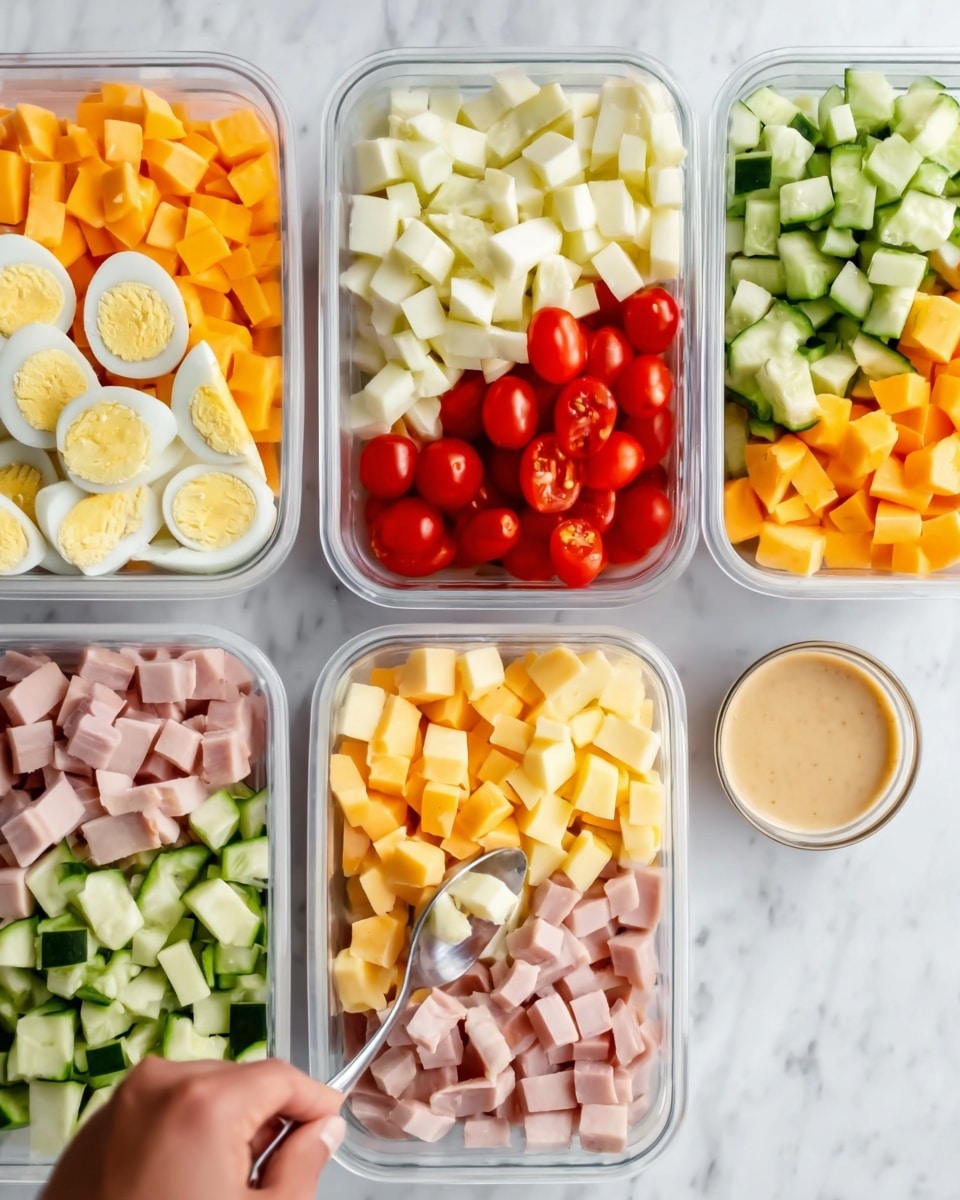 The image shows a rectangular clear glass container divided into colorful sections of food on a white marbled surface. In the top right corner is a small round metal cup filled with light pink creamy dressing with visible spices. Below the dressing, layers from left to right include chopped pale green cucumber pieces, bright orange cubes of cheddar cheese next to lighter yellow cheese cubes, pale pink pieces of chopped ham, and hard-boiled egg slices with yellow yolks at the bottom left. At the top left corner, there are sliced yellow pickled peppers and red and yellow cherry tomatoes sitting on a bed of green leafy spinach. photo taken with an iphone --ar 4:5 --v 7