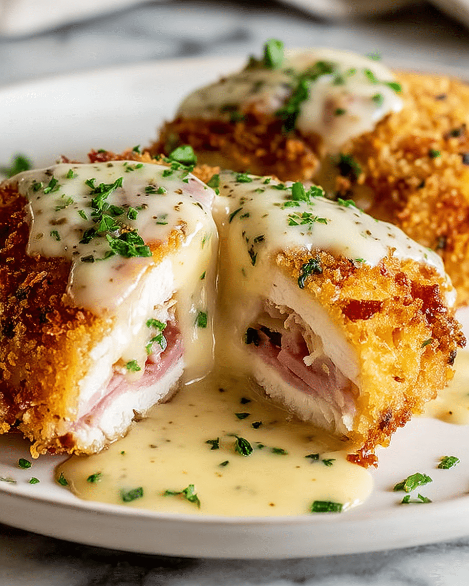 A close-up of two pieces of chicken cordon bleu on a white plate, each piece showing a layered inside with white chicken meat, pink ham, and melted cheese. The chicken is coated in a crispy, golden-brown breading. Creamy beige sauce is poured over the top, spreading onto the plate, with small green herb pieces sprinkled on the chicken and sauce for color. The scene is set on a white marbled surface. photo taken with an iphone --ar 4:5 --v 7