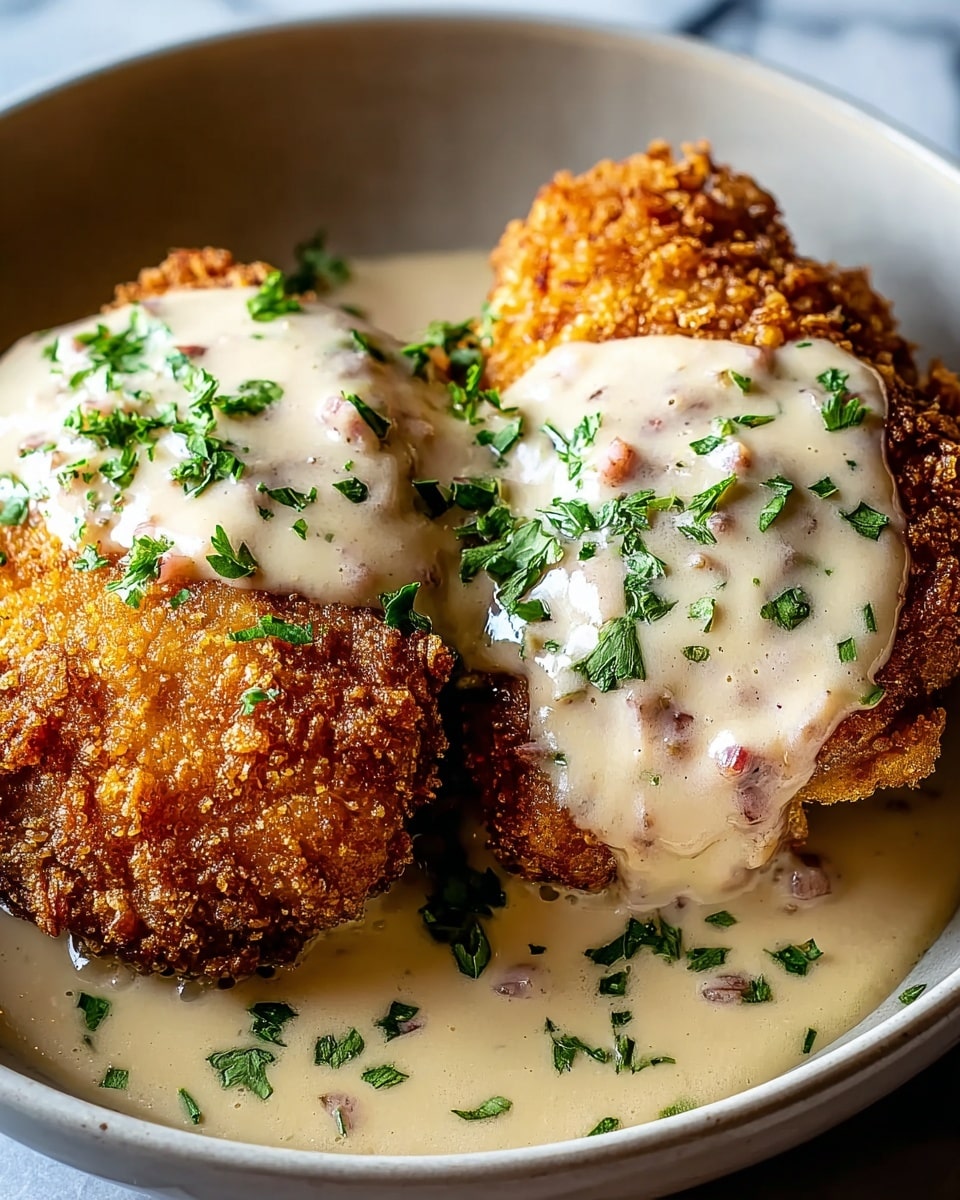 Two pieces of golden brown fried chicken with a crispy, crumbly texture are placed side by side in a white bowl. Each piece is topped with a smooth, creamy white sauce that has small reddish bits mixed in, covering the chicken partially and flowing slightly onto the bowl. Fresh green chopped herbs are sprinkled on top of the sauce, adding color contrast. The background has a white marbled texture, giving a clean and bright look to the scene. photo taken with an iphone --ar 4:5 --v 7