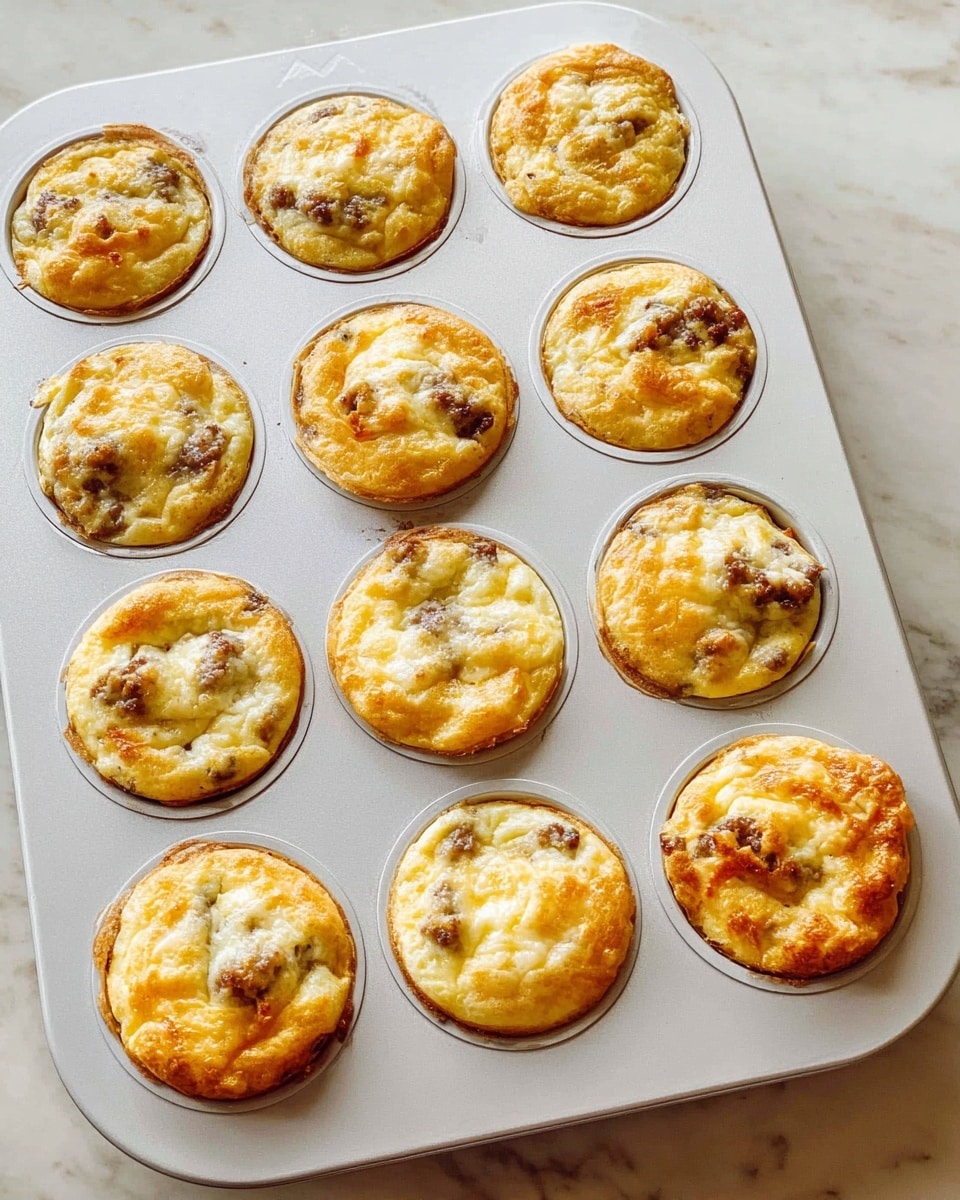 A white metal muffin tray holds twelve small muffins, each with a golden-yellow top mixed with patches of light brown, indicating bits of sausage or similar cooked filling. The muffins have a slightly uneven, cracked surface with visible cheese melted into the top layer, giving them a soft, textured look. The tray is set on a white marbled surface, and the muffins fill each circular mold almost to the edge, showing a plump and moist consistency. photo taken with an iphone --ar 4:5 --v 7