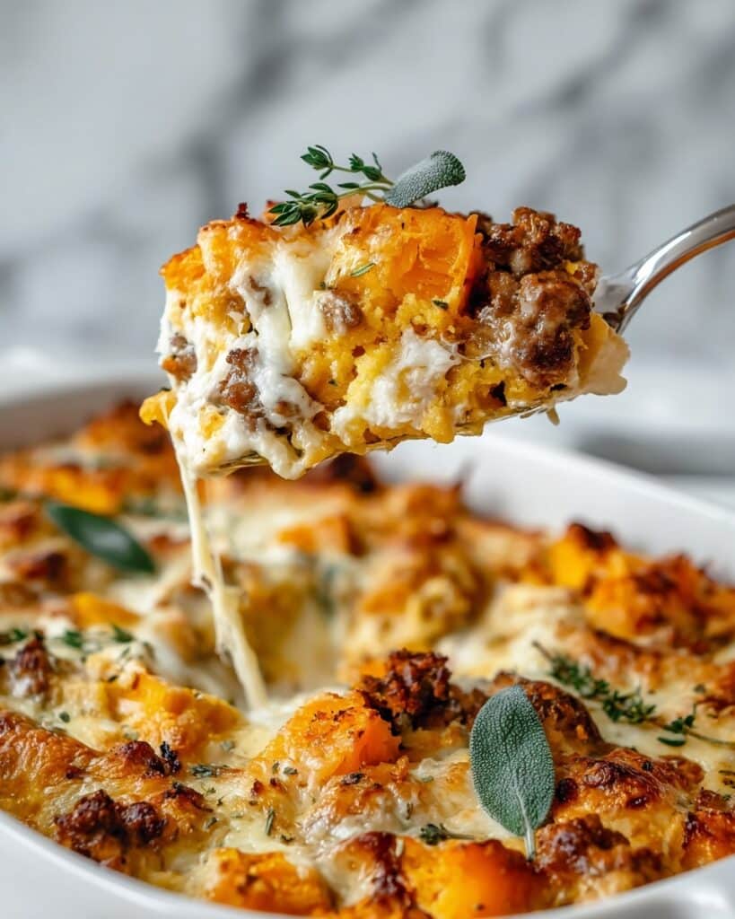 Cheesy Butternut Squash and Apple Casserole with Sausage and Sage Recipe