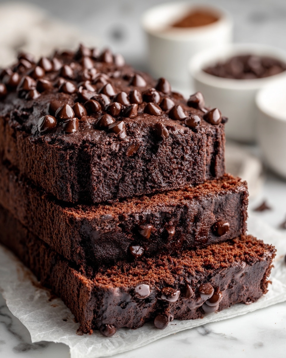 A close-up view of a chocolate loaf cake with three visible layers: the top layer is dark brown with a slightly rough texture and scattered melted chocolate chips shining on the surface; the middle and bottom layers show the soft, crumbly inside with a rich brown color and some more chocolate chips embedded, giving a moist look. The cake is placed on white parchment paper on a white marbled surface, with blurred small white and brown bowls containing ingredients in the background. Photo taken with an iphone --ar 4:5 --v 7