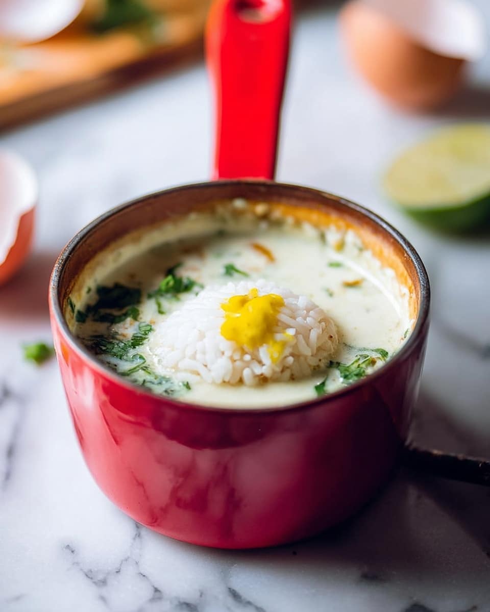 A close-up image of a small round white bowl filled with a light, creamy soup. On top of the soup is a poached egg with a soft white layer and a runny yellow yolk bursting out, being scooped gently by a spoon held by a woman's hand. There are green herbs, likely cilantro, and sliced green onions placed on one side of the egg, adding fresh green color and texture. The surface beneath the bowl has a white marbled texture, adding a clean and bright look to the image. photo taken with an iphone --ar 4:5 --v 7