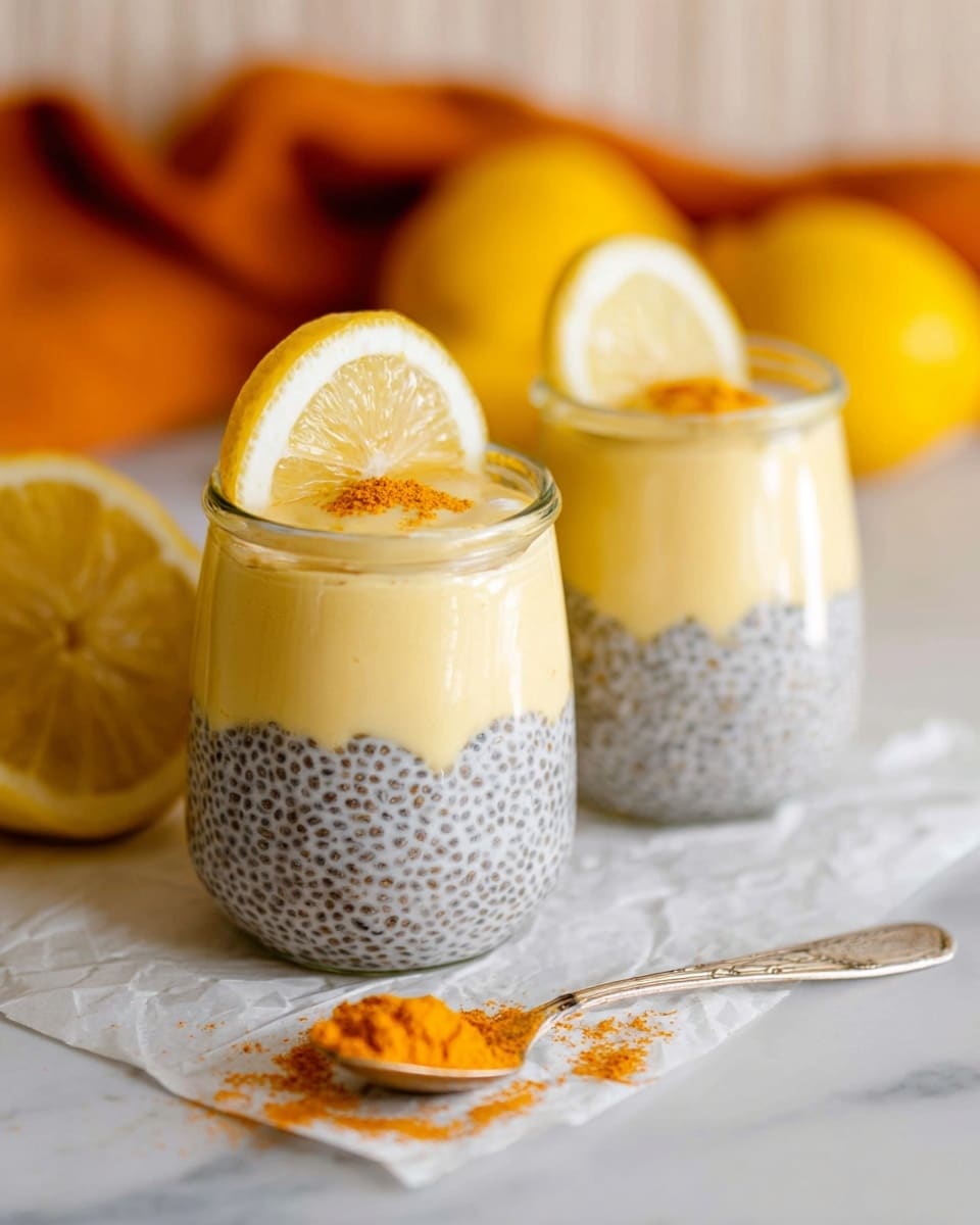 Two small clear glass jars show a two-layer dessert. The bottom layer is filled with a thick, creamy mixture of chia seeds suspended in a white liquid, speckled with many small black dots. The upper layer is smooth and creamy, pale yellow in color, and slightly thickened. Each jar is topped with a thin round slice of lemon that is placed at the back side, slightly pressed into the creamy top layer. The jars sit on white parchment paper stained with bright orange powder, with a tarnished silver spoon containing more of the orange powder resting nearby. The background is a white marbled texture with blurred yellow lemons and an orange cloth in the distance. Photo taken with an iphone --ar 4:5 --v 7
