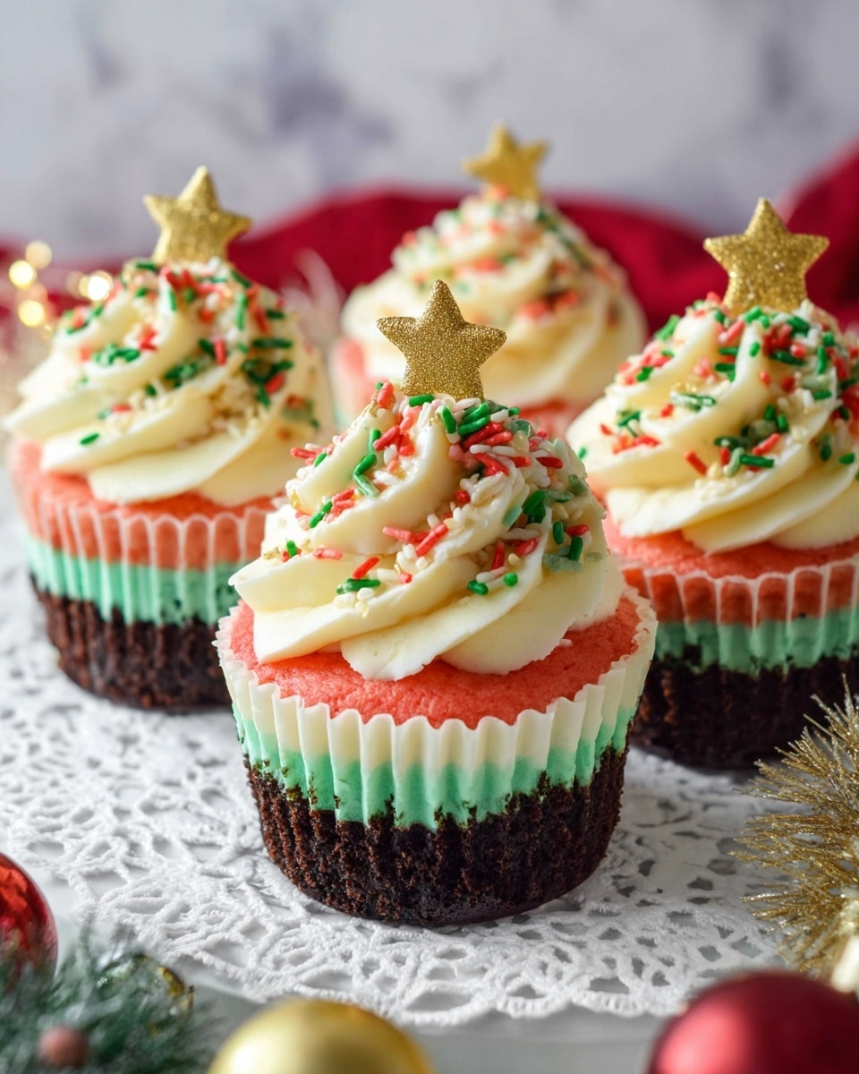 The image shows festive cupcakes with five visible layers: the bottom layer is dark chocolate brown, the next three layers are pastel cream, bright red, and green, stacked evenly within white cupcake liners. On top, each cupcake has a swirl of fluffy white frosting decorated with red, green, and gold sprinkles, and a small golden star candy on the peak. The cupcakes are placed on a white lace doily over a white marbled surface, with blurred Christmas decorations in the foreground. photo taken with an iphone --ar 4:5 --v 7