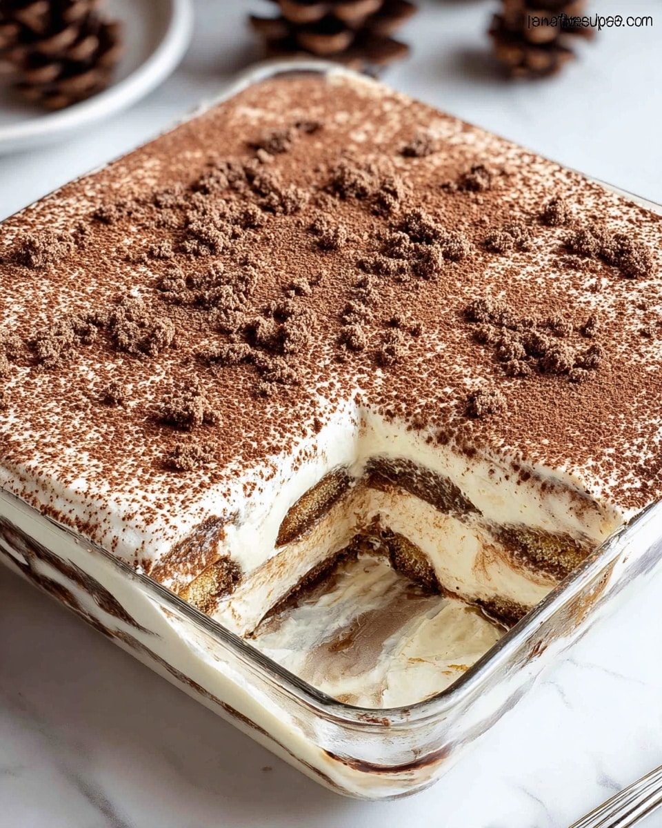 A square glass baking dish filled with a multi-layered dessert, showing a creamy white bottom layer followed by darker brown soaked layers visible through a missing section at the corner. The top is evenly covered with a fine layer of light brown cocoa powder, sprinkled with small crumbly bits of chocolate or cookie crumbs. The layers inside alternate between a smooth creamy texture and darker cake or biscuit layers, creating a clear contrast. The dish is placed on a white marbled textured surface with some blurred brown pine cones in the background. photo taken with an iphone --ar 4:5 --v 7