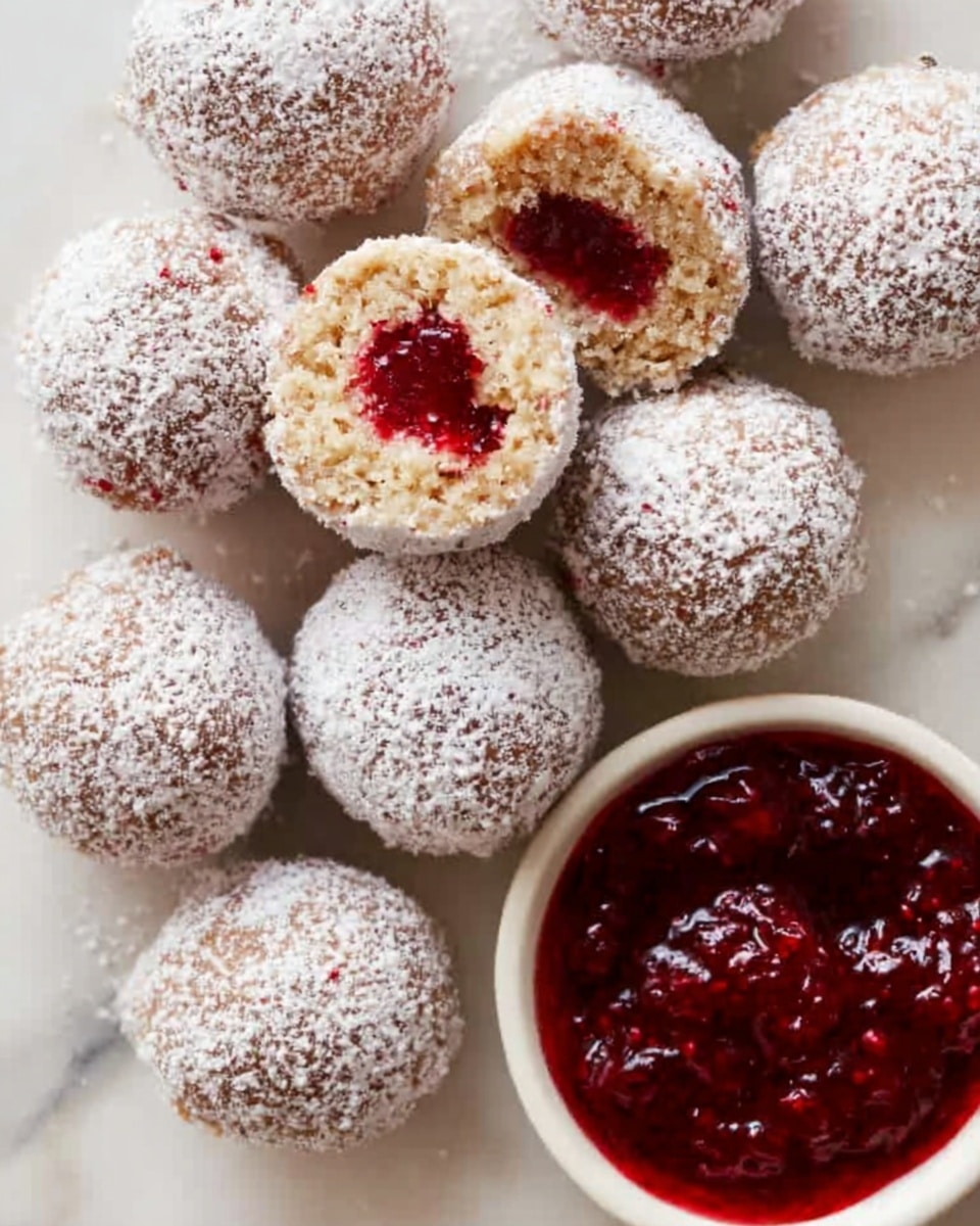 The image shows several round treats covered in white shredded coconut flakes, with a texture that looks rough and crunchy on the outside. One treat is cut in half, revealing a soft, light beige inside layer that looks moist and crumbly. At the center of this half treat is a bright red jam layer with a glossy, slightly chunky texture, contrasting with the creamy interior and the white coconut outside. The treats are arranged closely on a white marbled surface. photo taken with an iphone --ar 4:5 --v 7
