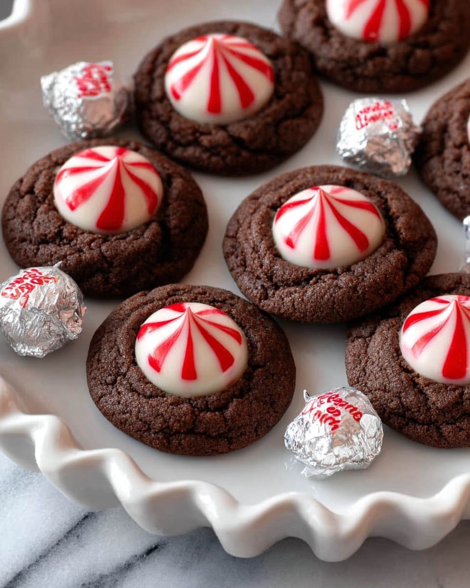 The image shows several chocolate cookies laid out on a white scalloped-edge plate resting on a white marbled surface. Each cookie has a single, round peppermint-striped candy in the center, with red and white swirls forming a striped pattern with a small pointed peak on top. Around the cookies, there are a few silver-wrapped peppermint candies with red writing, adding shiny highlights to the scene. The dark brown, slightly cracked texture of the cookies contrasts with the smooth, glossy candy pieces in the middle, creating a festive and inviting look. photo taken with an iphone --ar 4:5 --v 7