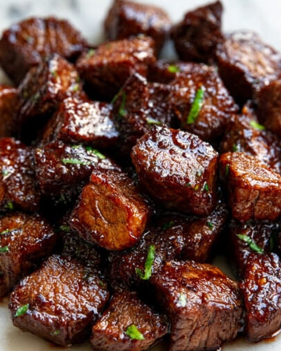 The image shows a close-up of many small square pieces of dark brown glazed meat with a shiny, slightly sticky surface, some pieces are topped with tiny green herb bits. The meat looks tender and juicy with a rich, glossy texture. The background is a white marbled surface. Photo taken with an iphone --ar 4:5 --v 7