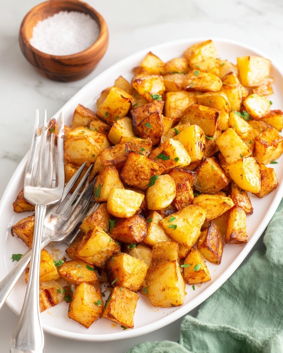 The image shows a white oval plate filled with golden, crispy roasted potato cubes, each piece showing a slightly browned and crunchy texture with hints of seasoning and small green herb bits scattered around. The potatoes vary in shades of yellow and light brown with some skin on, creating a rustic look. A pair of silver forks rests on the left side of the plate, partially inserted into the potatoes. In the background, there is a wooden bowl filled with salt, placed on a white marbled surface with a soft green cloth to the right side. photo taken with an iphone --ar 4:5 --v 7
