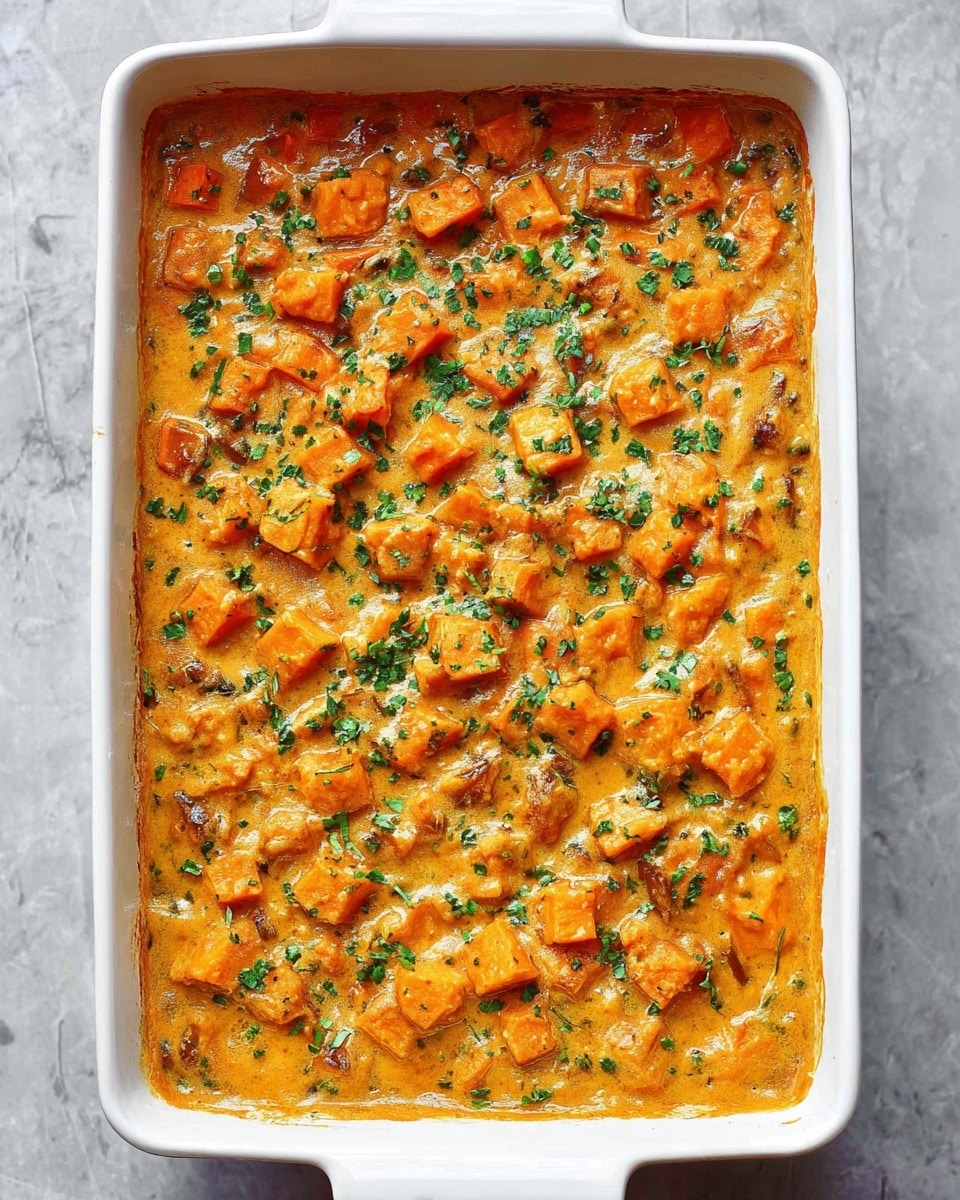 A white rectangular baking dish filled with a thick, creamy orange casserole that has small, evenly cut cubes of orange vegetables spread throughout. The casserole's surface is slightly browned at the edges with some bubbling and is topped with green herb flakes scattered evenly. The dish is set on a white marbled texture with no other items visible around it. photo taken with an iphone --ar 4:5 --v 7