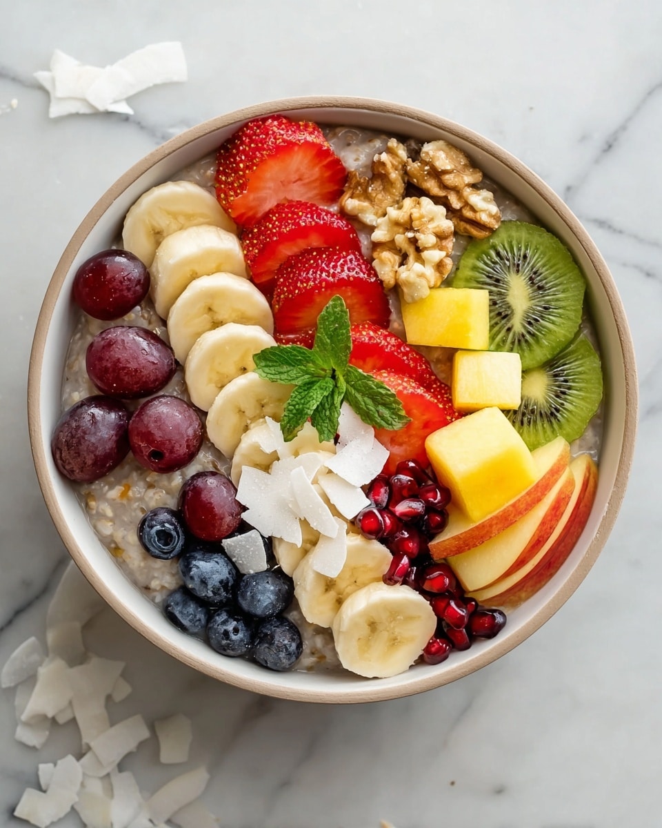 A white bowl is filled with a base layer of oatmeal that is soft and creamy. On top, arranged in neat sections around the bowl, are sliced strawberries in bright red, halved dark red grapes, round slices of banana in pale yellow, a thin green kiwi slice, yellow pineapple chunks, and thin apple slices with red skin. There are also clusters of deep blue blueberries and small red pomegranate seeds scattered on the fruit. Thin white coconut flakes and whole walnuts and almonds add texture, along with two green mint leaves placed near the center. The bowl sits on a white marbled surface with a few coconut flakes around it. Photo taken with an iphone --ar 4:5 --v 7