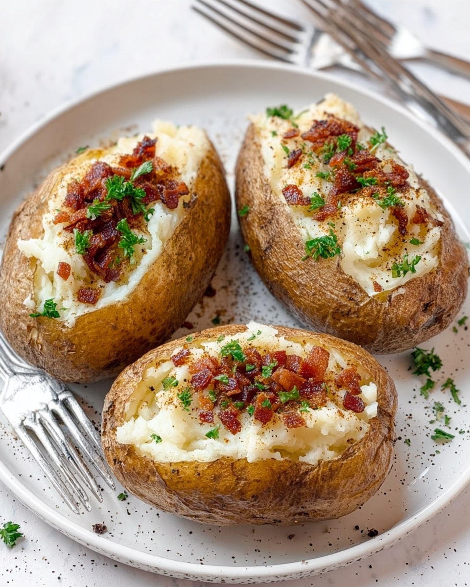 Three baked potatoes sit on a white plate with small black specks around the edges, placed on a white marbled surface. Each potato is split open in the middle, showing fluffy white mashed potato inside. On top of the mashed potato, there are small pieces of crispy brown bacon bits and fresh green chopped parsley sprinkled evenly. The potato skin is golden brown and slightly wrinkled. There is also a light sprinkling of black pepper on each potato and around the plate. Next to the plate, there are two silver forks and a silver knife. Photo taken with an iphone --ar 4:5 --v 7
