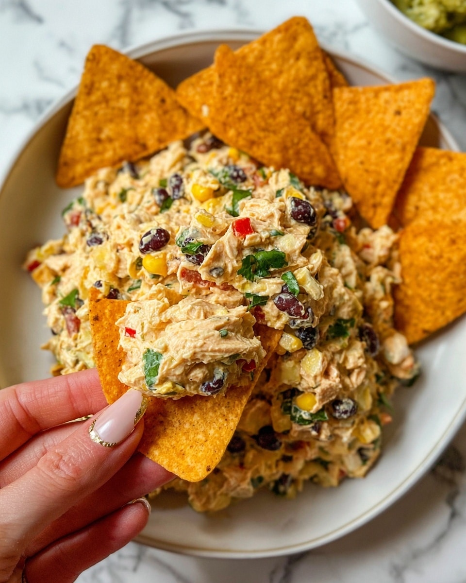 A close-up shows a white round plate filled with creamy chicken salad mixed with black beans, corn, diced red peppers, and chopped green herbs, creating a mix of yellow, black, red, and green colors within the creamy texture. On the side of the plate, several triangular orange tortilla chips rest, some partially dipped in the salad. A woman's hand with natural nails holds a chip loaded with a generous scoop of the salad, highlighting the mix of ingredients and creamy consistency. The background is a white marbled surface. photo taken with an iphone --ar 4:5 --v 7