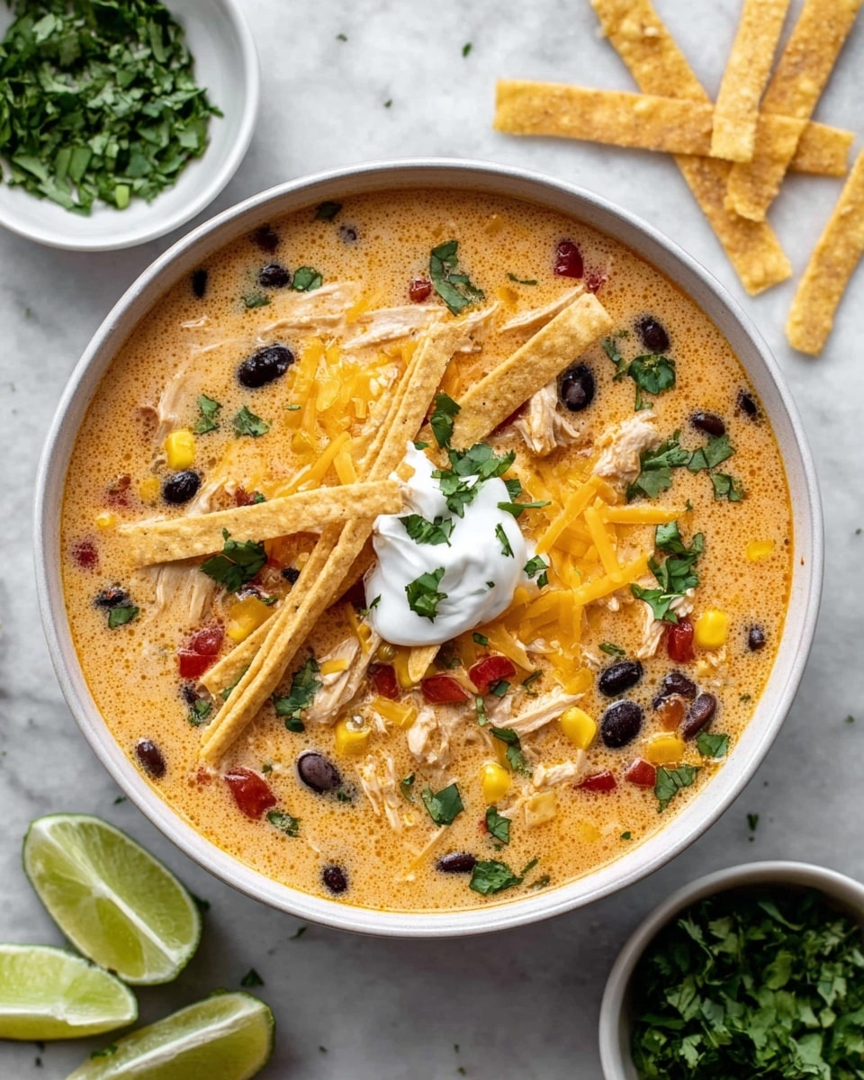The image shows a white bowl filled with creamy orange chicken soup that has visible black beans, corn, red pepper bits, and shredded chicken mixed in. On top, there is a layer of melted shredded yellow cheddar cheese, two long crunchy taco strips crossed over each other, a dollop of white sour cream in the center, and sprinkled green cilantro leaves. Around the bowl on a white marbled surface, there are fresh lime wedges, scattered taco strips, and a small white bowl of chopped cilantro and cheese. photo taken with an iphone --ar 4:5 --v 7