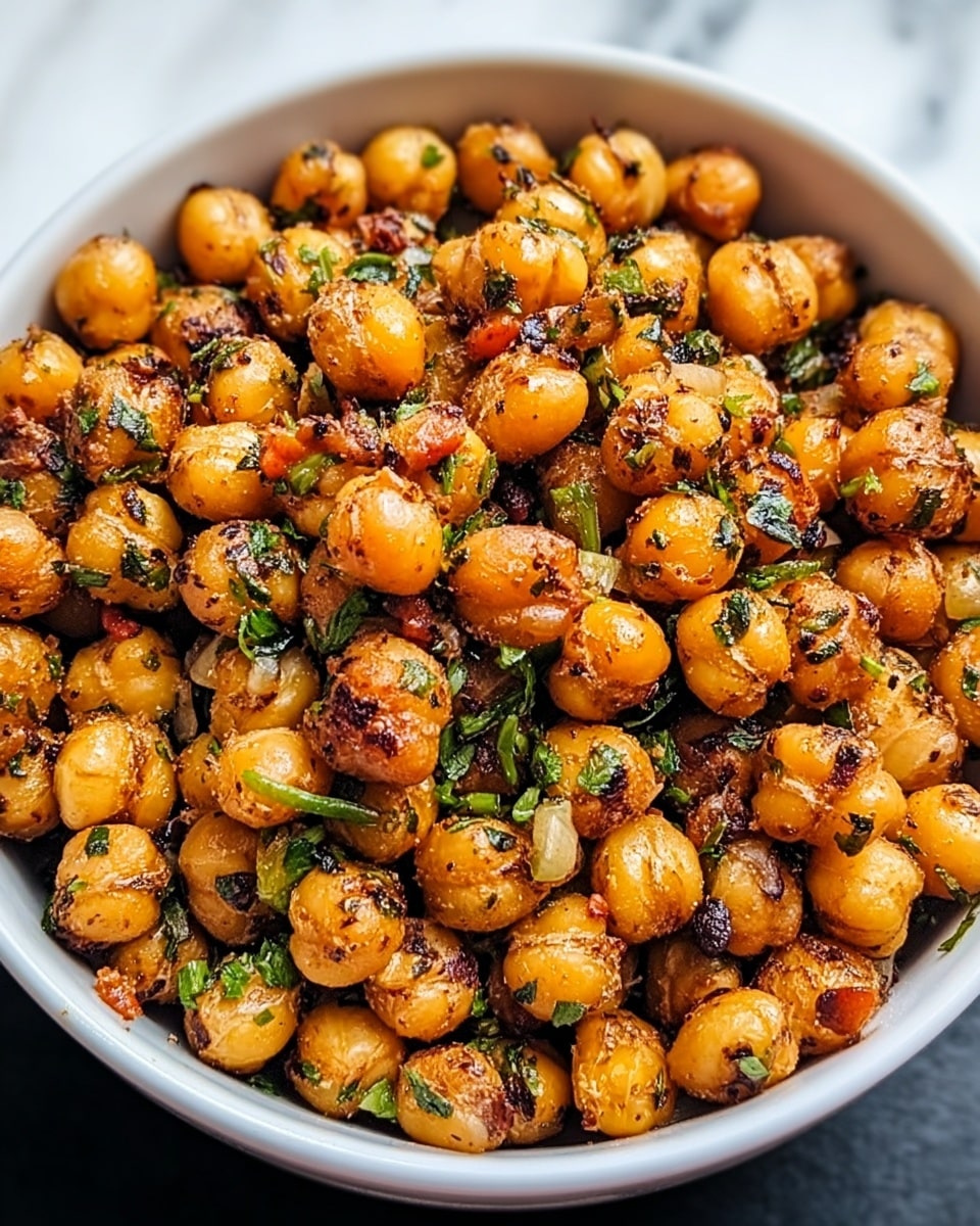 A close-up view of a bowl filled with cooked chickpeas that have a golden-brown color from being roasted or fried, mixed with small pieces of green herbs and bits of red seasoning evenly spread throughout. The chickpeas have a shiny, slightly oily texture with visible blackened spots that show crispiness. The bowl itself is white and contrasts with the warm colors of the chickpeas and herbs. The background is a white marbled texture, making the dish stand out clearly. photo taken with an iphone --ar 4:5 --v 7