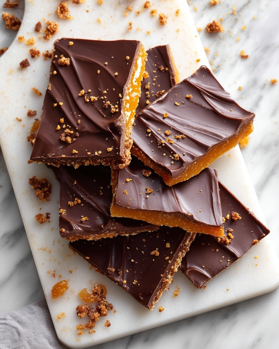 This image shows several uneven pieces of chocolate toffee bark arranged on a white rectangular board, placed on a white marbled surface. The bark has two main layers: a thick, smooth, dark brown chocolate layer on top with slight glossy texture and gentle waves, and a golden-orange, crunchy caramel toffee layer beneath that is visible on the sides of the broken pieces. Some crumbs are scattered around the pieces on the board. photo taken with an iphone --ar 4:5 --v 7
