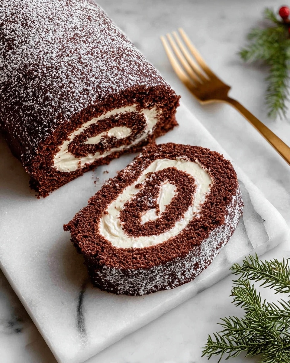 The image shows a chocolate yule log cake cut in half and placed on a white marbled surface. The cake has two visible layers of dark brown, soft chocolate sponge rolled with two thick layers of creamy white filling. The outside is covered with textured dark chocolate frosting, giving a rough bark-like look. On top, a few small bright red berries and green pine sprigs add a festive touch, dusted lightly with powdered sugar resembling snow. In the background, blurred hints of frosted pine cones and a red cloth add to the holiday theme. Photo taken with an iphone --ar 4:5 --v 7