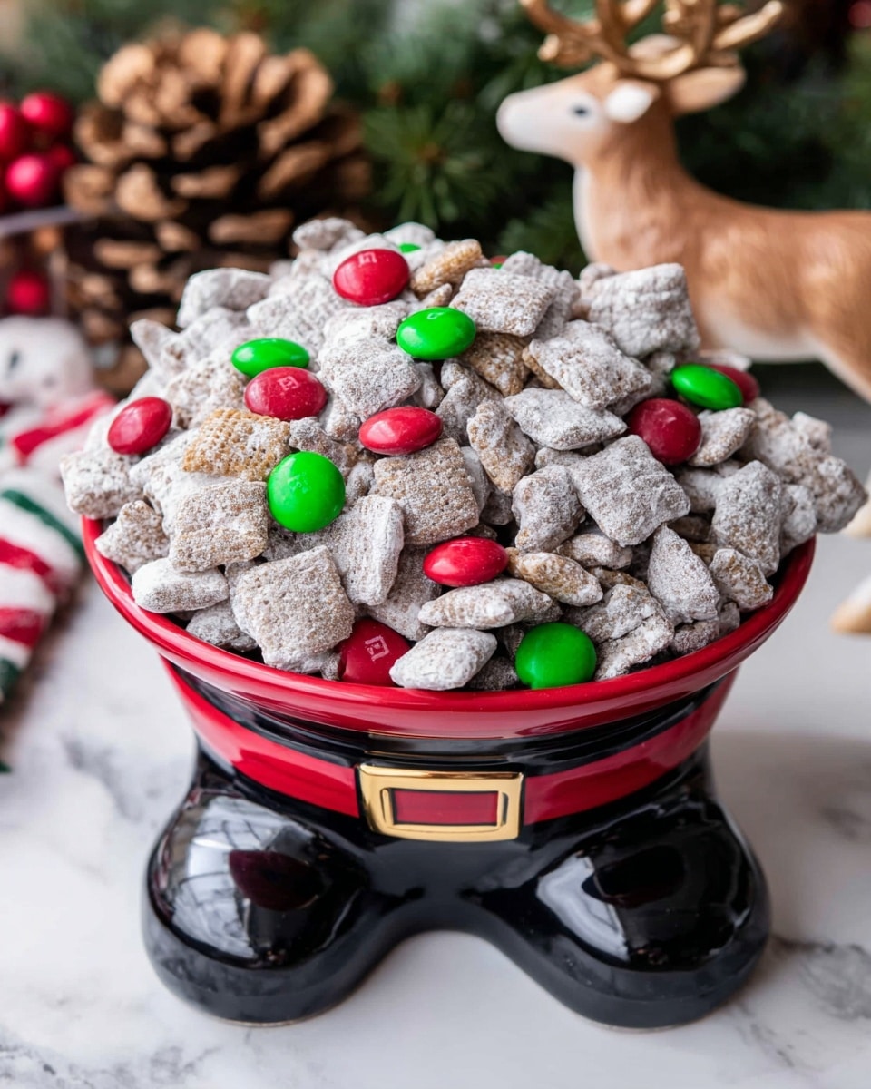 A large rectangular metal baking pan filled with a mixture of small square cereal pieces coated in a light powdery white layer, evenly coated with scattered red and green candy-coated chocolates and a few dark chocolate chips mixed throughout, the pan rests on a white marbled surface with some cereal pieces and colorful candies scattered loosely around it along with a red cloth in the lower corner, giving a festive look. photo taken with an iphone --ar 4:5 --v 7