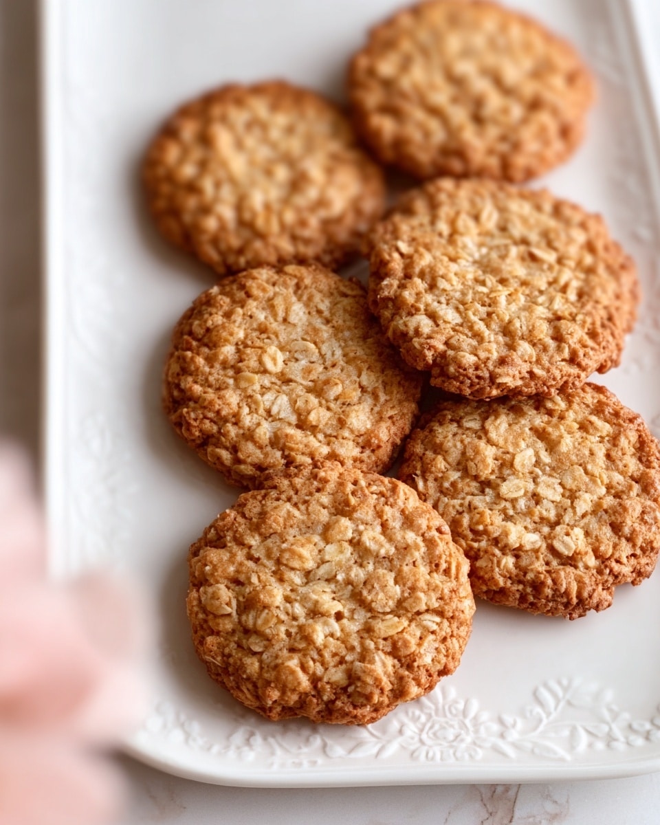 The image shows a close-up of six round oatmeal cookies arranged in two rows on a white rectangular plate with a subtle floral embossed border. Each cookie has a rough, textured surface with visible oat flakes, and they are golden brown with slight variations in color, indicating a crispy edge and a soft center. The plate rests on a white marbled surface, and part of a soft pink blurred object appears on the left side, giving a delicate touch to the scene. photo taken with an iphone --ar 4:5 --v 7