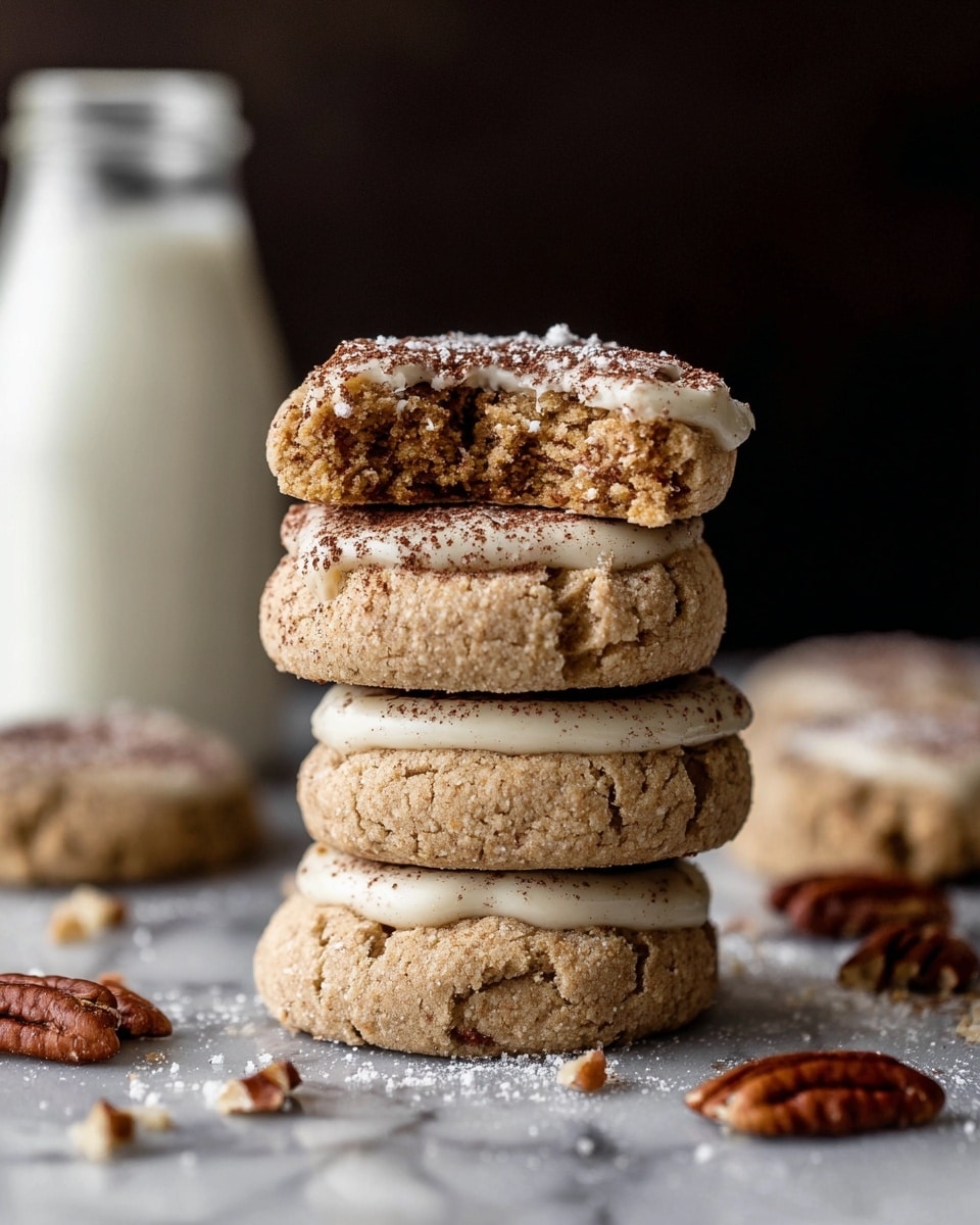 A stack of four light brown cookies with a rough, crumbly texture is shown on a white marbled surface. Each cookie is separated by a pale cream layer of frosting, and the top cookie is broken in half revealing a soft, moist inside. There is a dusting of dark cocoa powder on the frosting of the top cookie. Surrounding the stack, there are some pecan nut pieces and scattered white powder. In the background, a blurred bottle filled with white milk is visible against a dark backdrop. photo taken with an iphone --ar 4:5 --v 7