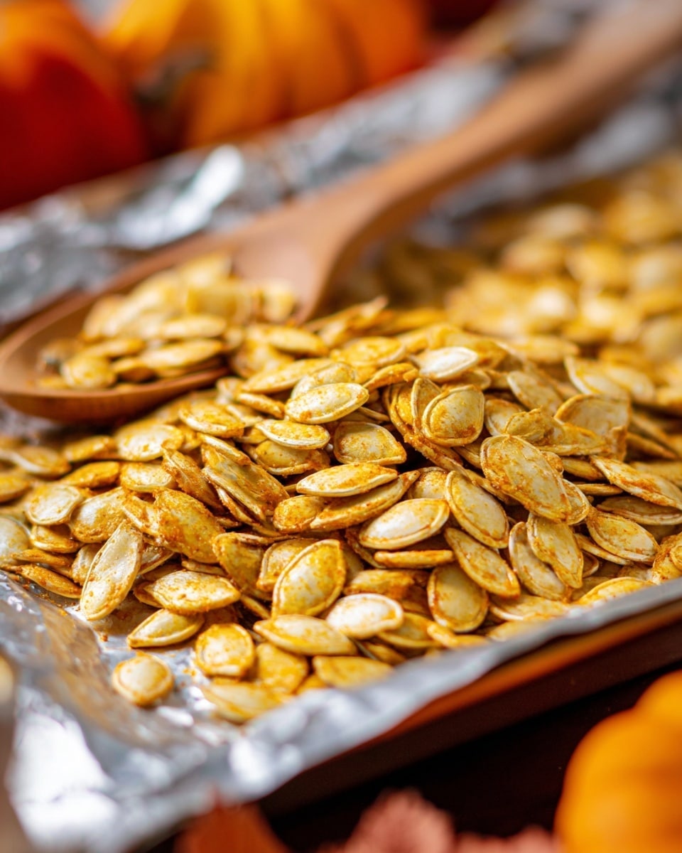 A close-up image of a large baking tray lined with foil filled with one layer of roasted pumpkin seeds, which are golden yellow and light brown in color with some orange seasoning powder on them. A wooden spoon with a copper handle rests on top, scooping a pile of the seeds from the middle of the tray. Around the tray, there is a small white bowl of coarse sea salt and a white marbled surface beneath everything. photo taken with an iphone --ar 4:5 --v 7