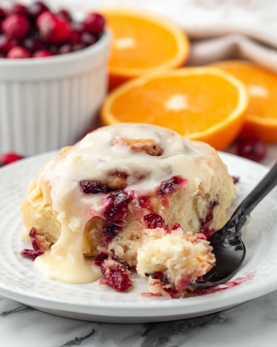 The image shows a close-up of a soft, gooey cinnamon roll with two visible layers: a thick, fluffy beige dough layer rolled around a red cranberry filling that oozes slightly onto the white plate. The cinnamon roll is covered generously with creamy white icing that melts over the top and sides, adding a smooth texture contrast. On the plate, near the cinnamon roll, lies a black fork holding a small bite of the roll with cranberry bits visible. In the background, out of focus, there are three orange slices and a white bowl filled with whole cranberries, all set against a white marbled surface. photo taken with an iphone --ar 4:5 --v 7