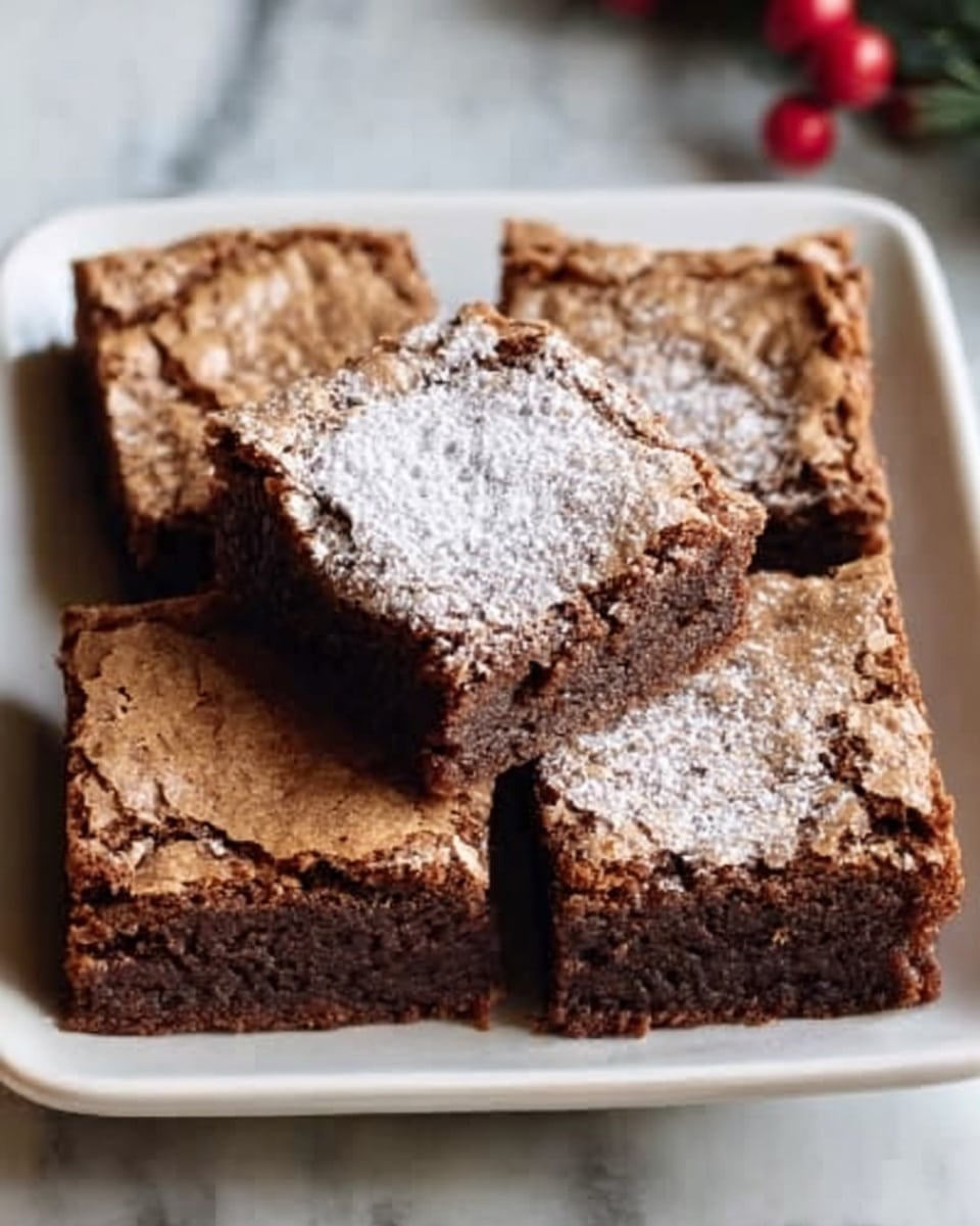 A white square plate holds four thick, square brownie pieces arranged in a 2x2 grid. Each brownie shows a cracked, slightly crispy top layer with a rich, dark brown color. One piece has a light dusting of powdered sugar, adding a slight contrast. The texture on top looks slightly crumbly, while the inside appears dense and fudgy. The plate sits on a white marbled surface. Photo taken with an iphone --ar 4:5 --v 7