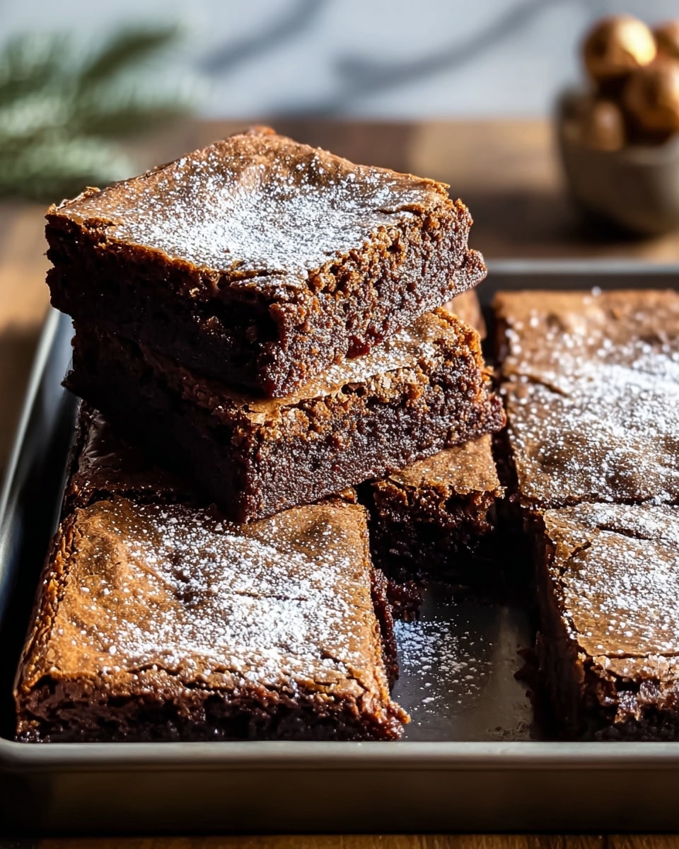 A square baking pan holds four large, thick brownies with a cracked, dark brown top layer sprinkled evenly with powdered sugar. One brownie piece is lifted, showing a dense, moist, and slightly crumbly inside with a rich chocolate color. The brownies have a rough texture on top with slight edges that lift at corners, and the powdered sugar gives a soft white contrast. The pan rests on a wooden surface with a white marbled texture background softly blurred behind. photo taken with an iphone --ar 4:5 --v 7