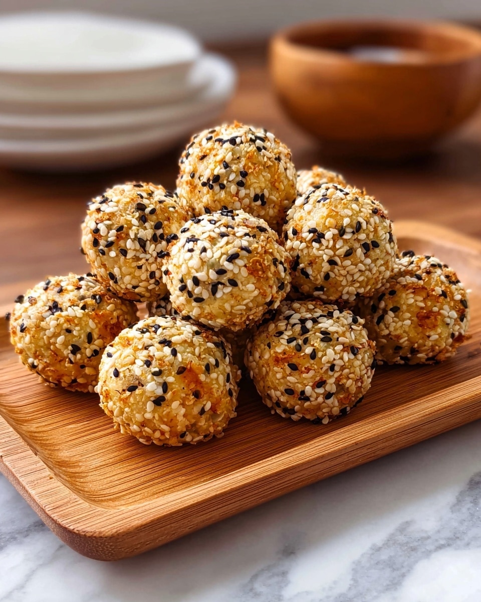 A wooden tray holds a pile of golden-brown, round baked treats coated evenly with white and black sesame seeds and small crunchy bits, giving them a textured and slightly rough appearance. Each ball is roughly the same size, tightly packed, and some show hints of toasted orange spots that suggest crispness. The tray is set on a white marbled surface, with a blurred wooden bowl and white dishes in the background adding depth to the simple, warm setting. Photo taken with an iphone --ar 4:5 --v 7