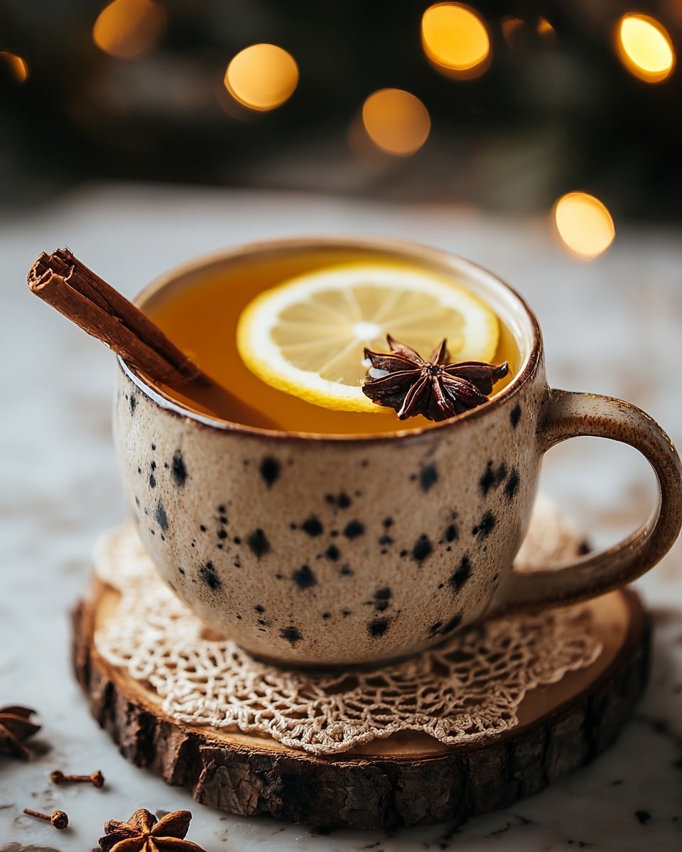 A close-up of a warm drink in a speckled beige cup with dark star patterns and a black handle, filled with amber liquid; inside the cup, there is a thin slice of lemon leaning on the rim and a dark brown star anise floating near it, along with a cinnamon stick placed diagonally, partly inside the drink. The cup sits on a piece of rustic wood with a white lace doily beneath, all placed on a white marbled surface, with soft warm lights blurred in the background creating a cozy mood. photo taken with an iphone --ar 4:5 --v 7