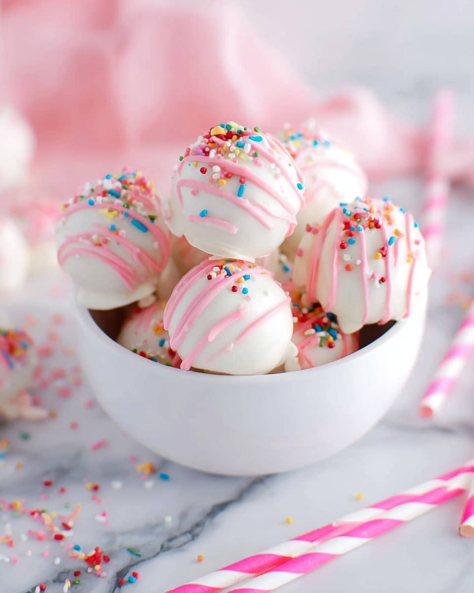 A white bowl filled with round cake pops, each covered in smooth white icing, drizzled with light pink icing lines, and topped with small colorful round sprinkles in colors like red, green, blue, and yellow. The bowl sits on a white marbled surface with pink and white striped straws scattered around it. The cake pops have a light, fluffy texture visible under the icing, and the overall setup is bright and playful. photo taken with an iphone --ar 4:5 --v 7