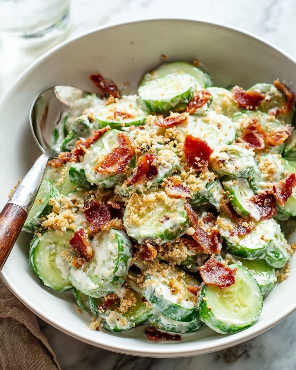A white bowl filled with a creamy cucumber salad that has about three layers visible: thick green cucumber slices coated in a light white cream, scattered crisp red-brown bacon pieces on top, and sprinkled golden breadcrumb-like bits which add texture and color contrast; thin white cheese shavings are woven throughout the mix, adding brightness; a silver fork with a wooden handle rests inside the bowl against the cucumbers; the bowl sits on a white marbled surface. photo taken with an iphone --ar 4:5 --v 7