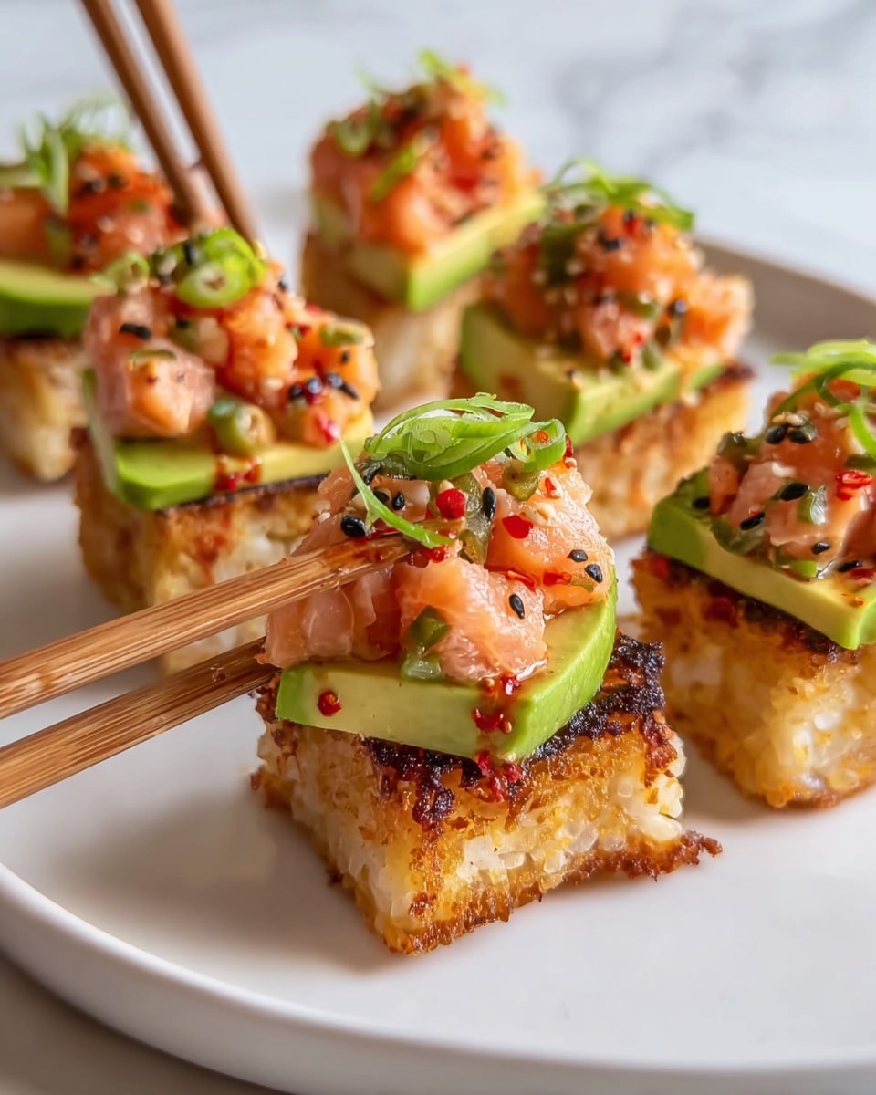 The image shows several pieces of sushi arranged on a white plate with a white marbled surface in the background. Each piece has three visible layers: the bottom layer is a golden-brown crispy rice block with slightly charred edges; the middle layer is a smooth slice of green avocado; the top layer is a mixture of pinkish-orange chopped salmon with black sesame seeds scattered on top and small red chili flakes, garnished with thinly sliced green onions. Wooden chopsticks are holding one piece gently from the sides. Photo taken with an iphone --ar 4:5 --v 7