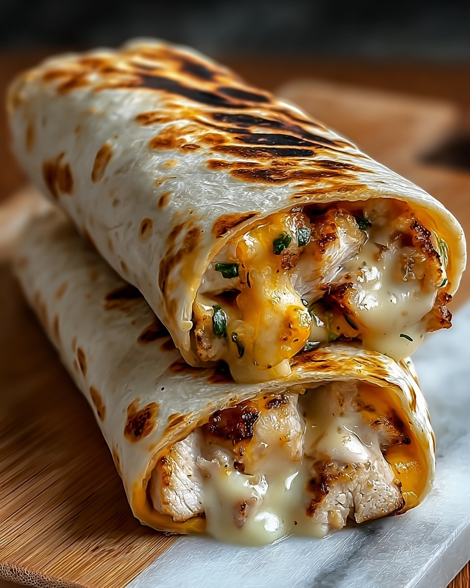 Two grilled chicken wraps stacked on a wooden board, each wrap showing a lightly browned, slightly charred white tortilla. Inside, layers of moist, grilled white chicken pieces are mixed with gooey melted orange and white cheese, with small pieces of green herbs scattered throughout. The melted cheese slightly oozes out of the wraps, creating a creamy, warm texture contrast against the grilled chicken. The background has a soft blurred look with a white marbled texture under the board. photo taken with an iphone --ar 4:5 --v 7