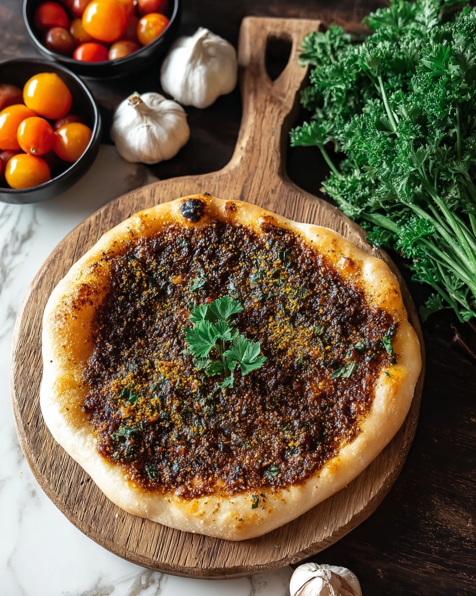 A flat round bread with a light golden-brown crust and bubbly edges sits on a textured wooden board. The bread is topped with a dark reddish-brown sauce spread evenly over the center, speckled with coarse spices and herbs. Fresh green parsley leaves are scattered on top, adding a pop of color. Around the board, there are whole garlic bulbs, two bright orange tomatoes, and a small black bowl containing cherry tomatoes and herbs, all placed on a white marbled surface. photo taken with an iphone --ar 4:5 --v 7