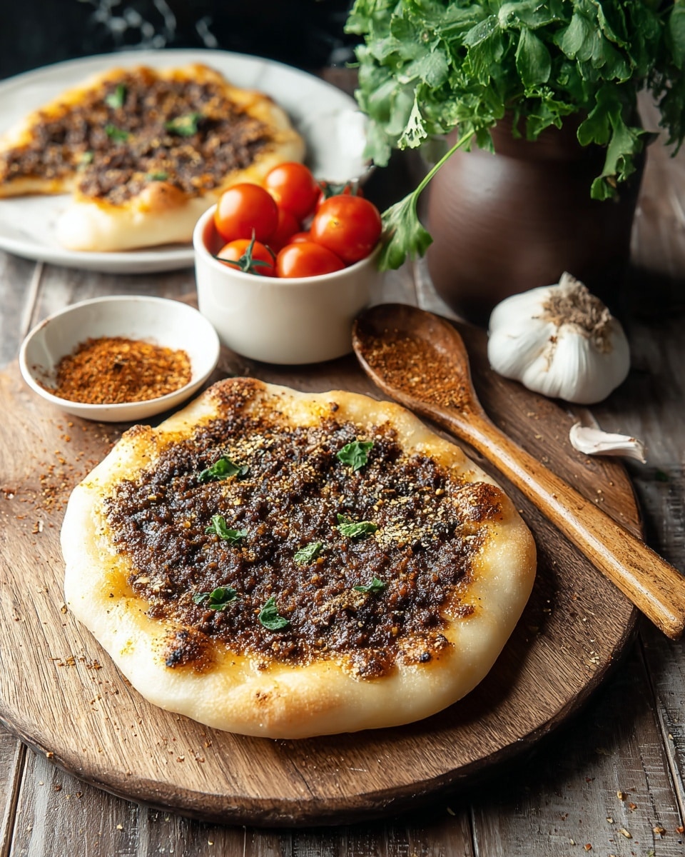 A flat, round bread with a thick crust and uneven edges sits on a wooden round board; it is topped with a coarse, dark brown ground meat sauce spread evenly, sprinkled lightly with grated cheese and fresh green parsley leaves scattered on top. In the background, to the left, a small bunch of green parsley is placed in a rustic clay pot, next to a whole garlic bulb on a white marbled surface. Behind the bread, a white bowl with a black outside holds four red cherry tomatoes. To the right, a wooden scoop filled with reddish spice sits on a wooden board holding another smaller round flatbread with similar topping. Photo taken with an iphone --ar 4:5 --v 7
