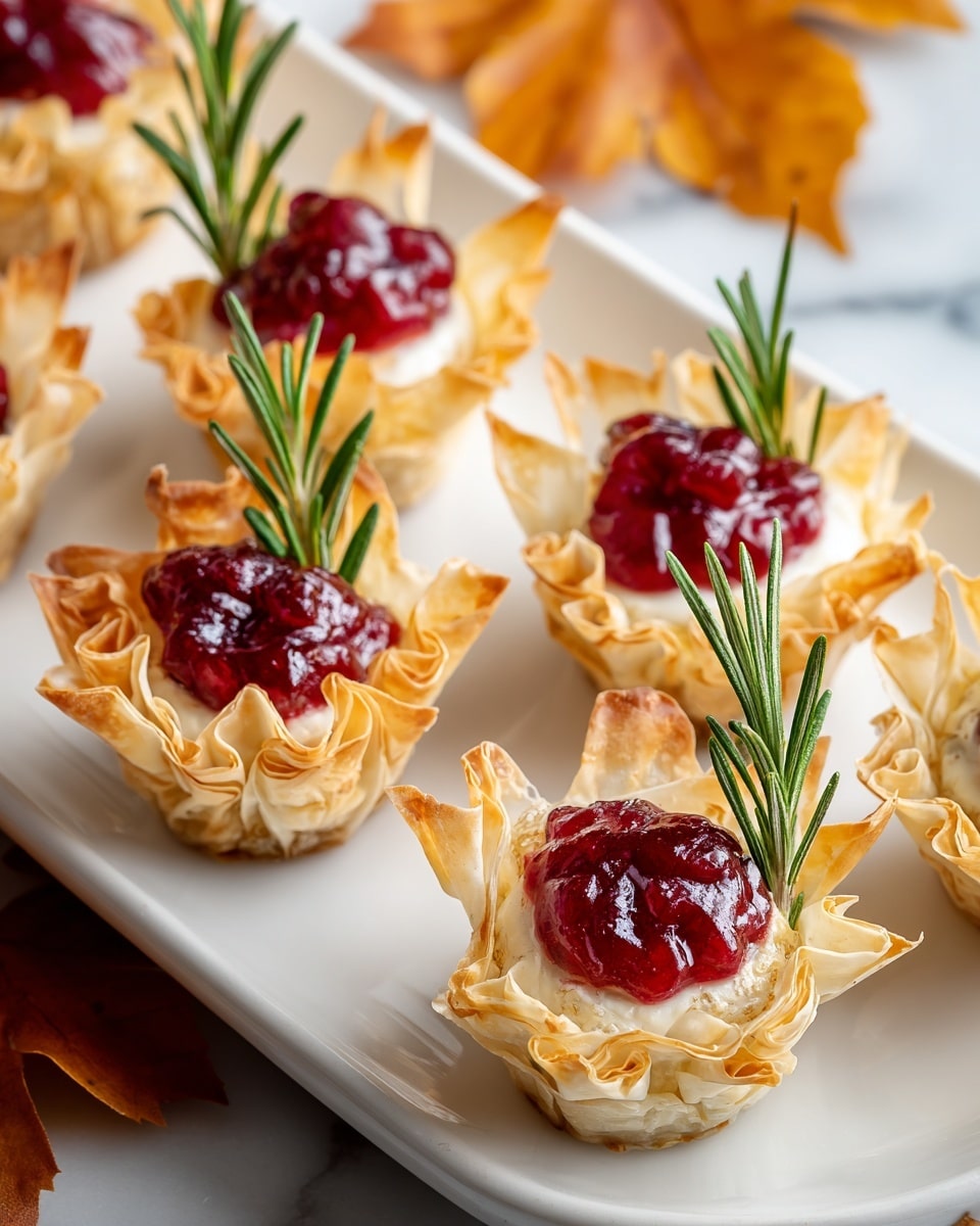 The image shows six mini phyllo cups arranged on a long white plate with a white marbled surface beneath. Each cup has three visible layers: the crisp, golden-brown phyllo dough shell with ruffled edges, a round layer of soft, white cheese filling inside, topped with a bright red cranberry sauce dollop that has a glossy texture, and garnished with a fresh, green rosemary sprig standing upright in the center. The scene includes autumn leaves in shades of orange and yellow softly blurred in the background. photo taken with an iphone --ar 4:5 --v 7