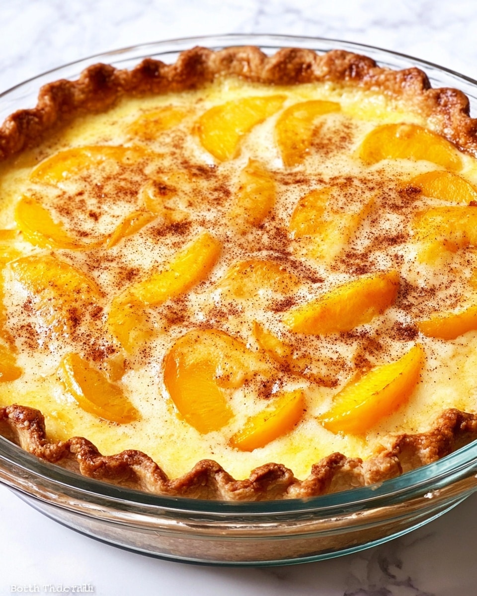 A close-up view of a baked peach tart in a clear glass pie dish, showing two main layers: the bottom layer is a golden-brown, flaky crust with a crimped edge, and the top layer is a creamy custard with slices of soft, yellow-orange peaches arranged in a scattered pattern. The custard has a smooth, slightly glossy texture with a light dusting of cinnamon or nutmeg on top, giving small brown specks across the peaches and custard’s surface. The pie dish sits on a white marbled surface, with bright lighting that highlights the warm tones and textures of the tart. photo taken with an iphone --ar 4:5 --v 7