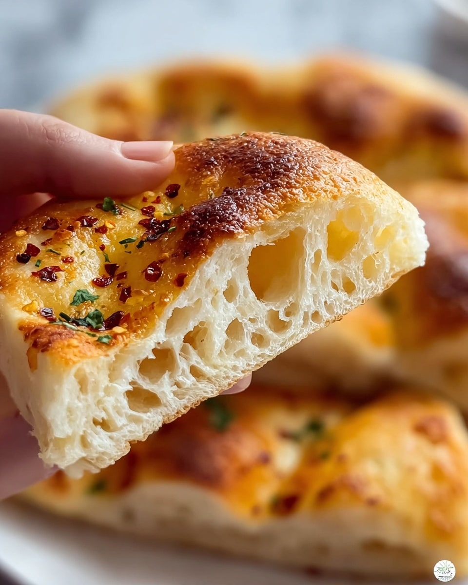 A close-up image of a piece of flatbread held by a woman's hand, showing its soft, airy inside with many small holes and a slightly chewy texture. The top layer is golden brown with a shiny, slightly oily surface sprinkled with small dark red spice flakes and tiny bits of green herbs. The background is blurred but shows more pieces of the same flatbread on a white plate, all set on a white marbled surface. photo taken with an iphone --ar 4:5 --v 7