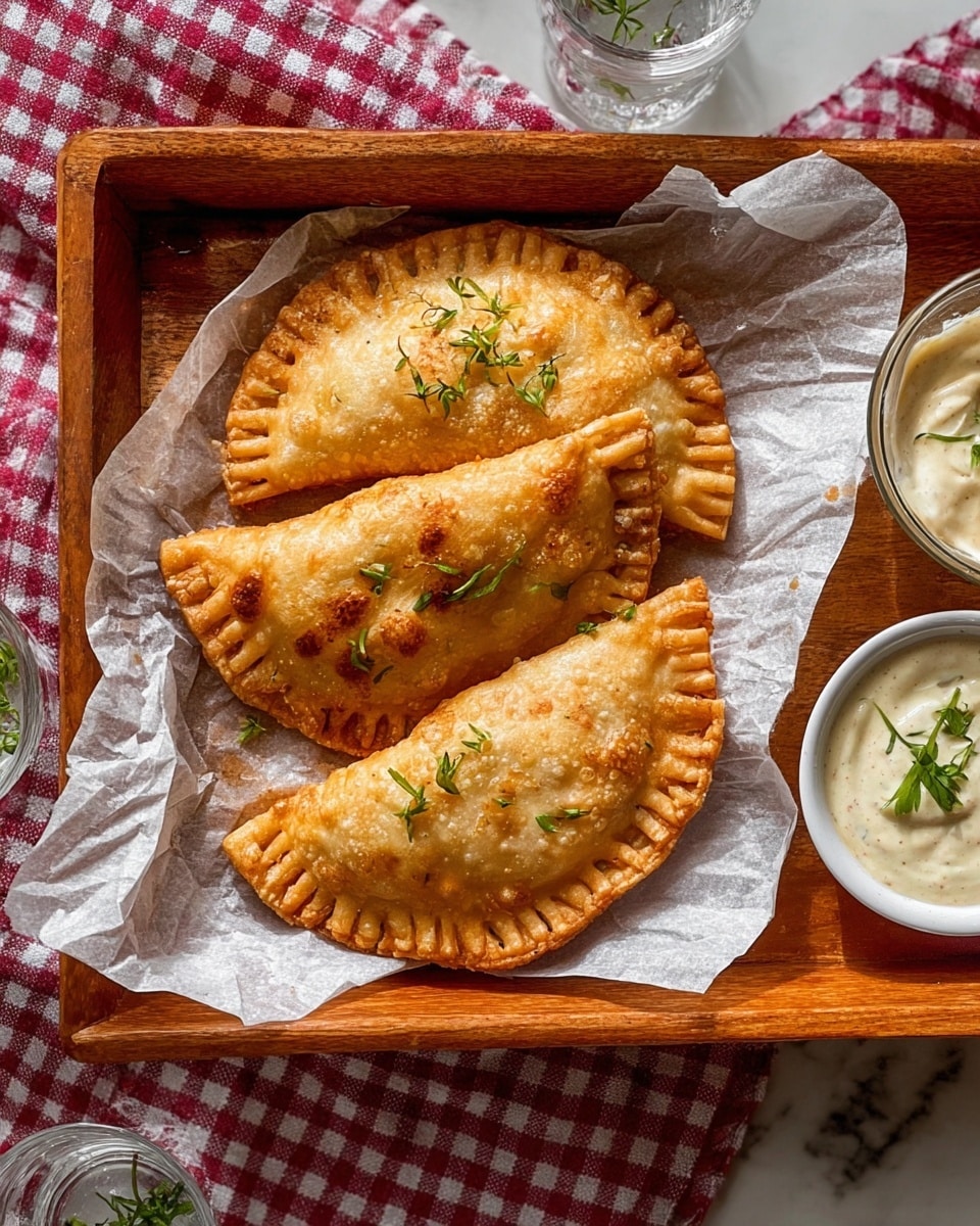 The image shows a wooden tray lined with crumpled white parchment paper holding four golden-brown fried half-moon shaped pastries with crimped edges arranged closely in two layers, each pastry showing an uneven, crispy texture with small browned spots. A few green herb sprigs are scattered on top for garnish. To the right side, there is a small white bowl filled with a creamy dipping sauce garnished with a green herb sprig, and two clear glasses of water are partially visible near the tray on a white marbled surface with a checkered red and white cloth nearby. photo taken with an iphone --ar 4:5 --v 7