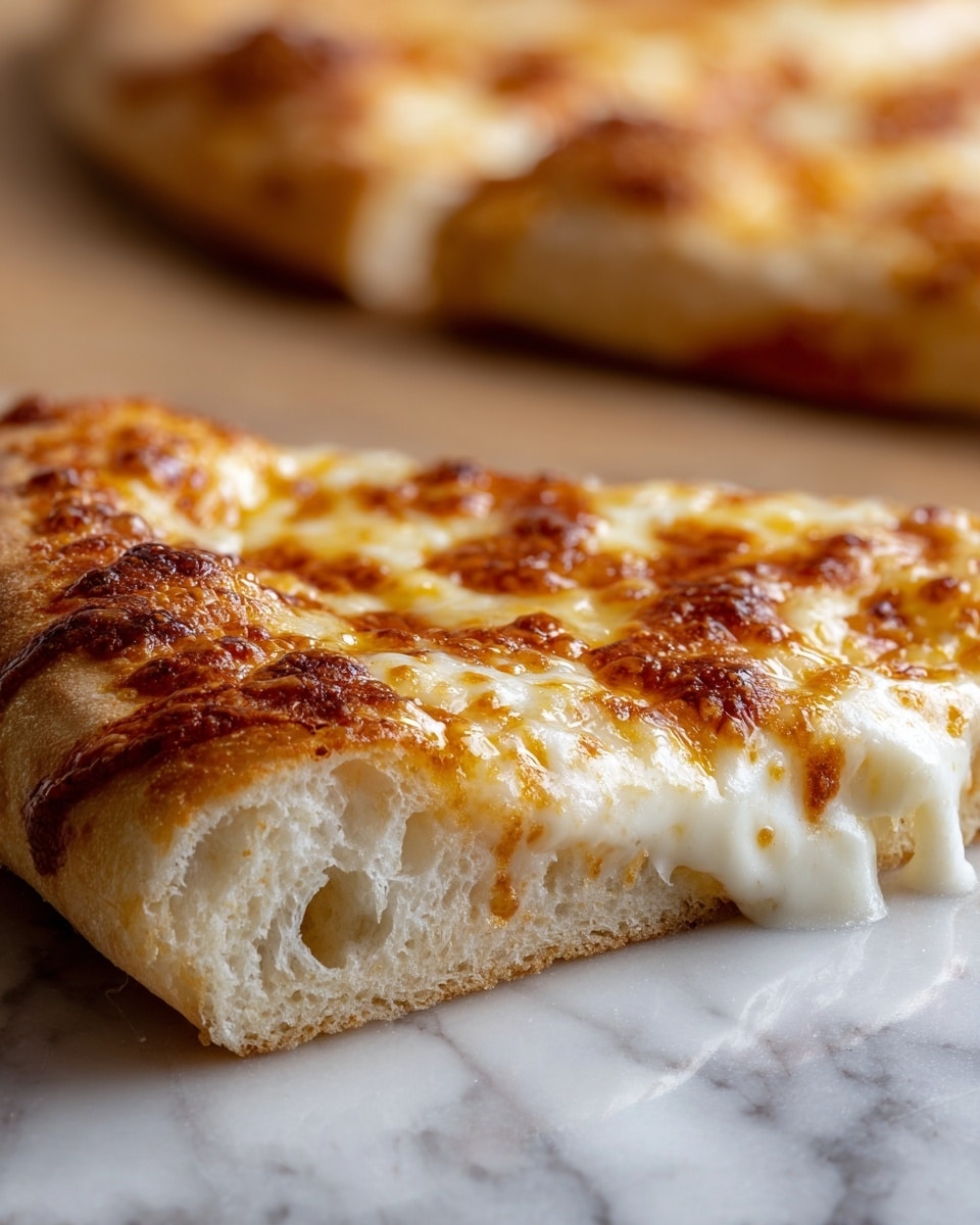 The image shows a close-up of a slice of pizza resting on a white marbled surface. The bottom layer is a thin, golden-brown crust with a slightly puffed edge, soft inside with small bubbles. Above the crust is a thick layer of melted white cheese, creamy and stretchy in texture. On top, there are browned, crispy spots of cheese that add a golden color with hints of caramelization. The background reveals part of another pizza slice, out of focus, resting on the same white marbled surface. photo taken with an iphone --ar 4:5 --v 7