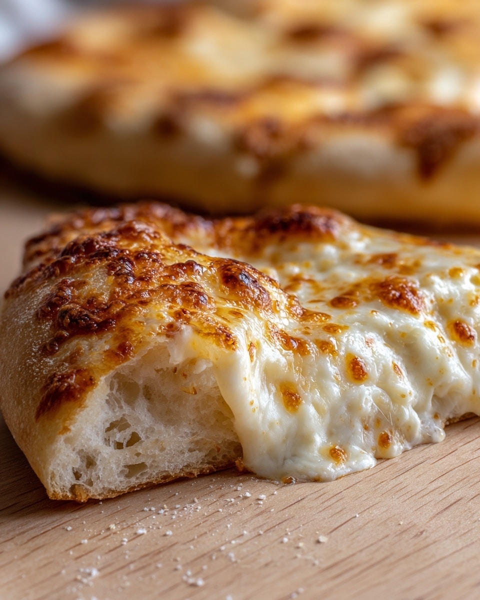 A close-up view of a slice of cheese pizza resting on a light wooden surface, showing one main layer of melted cheese that is creamy white and bubbly with golden brown spots on top, stretched slightly at the edges, sitting on a thin, light brown crust with a soft, airy inside. In the blurred background, part of the rest of the pizza is visible with the same golden bubbly cheese layer. photo taken with an iphone --ar 4:5 --v 7