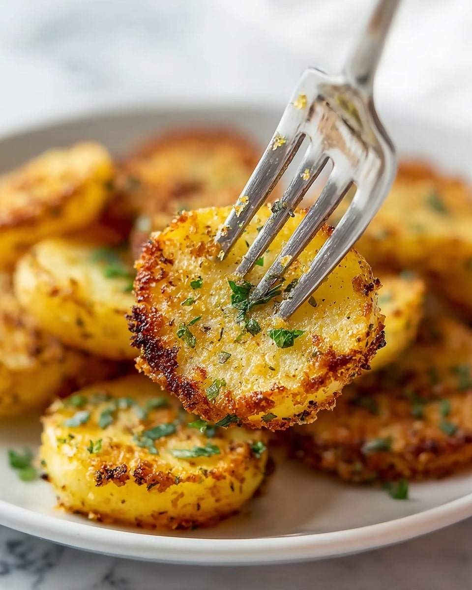 A close-up view of a browned, crispy round potato slice pierced by a silver fork, coated with a mix of herbs and crunchy seasoning in shades of green and golden brown, surrounded by similar potato slices layered on a white plate on a white marbled surface. The potato slice shows a textured, rough outer edge with bits of seasoning and a softer, smooth inner center, garnished with small green herb pieces, giving a fresh and savory look. photo taken with an iphone --ar 4:5 --v 7
